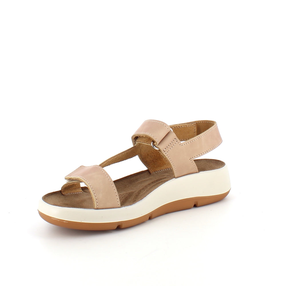 Beige skinnsandal med tre justerbare remmer og svangstøtte