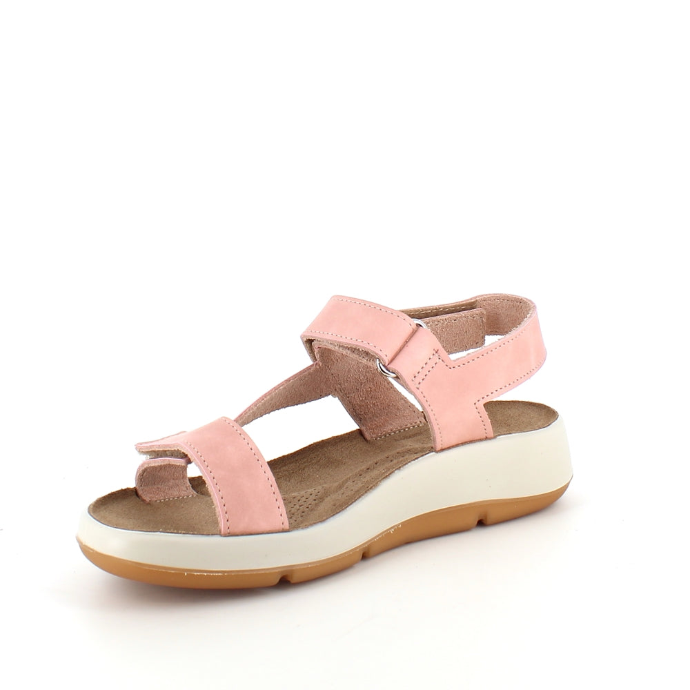 Rosa skinnsandaler med tre justerbare remmer og svangstøtte