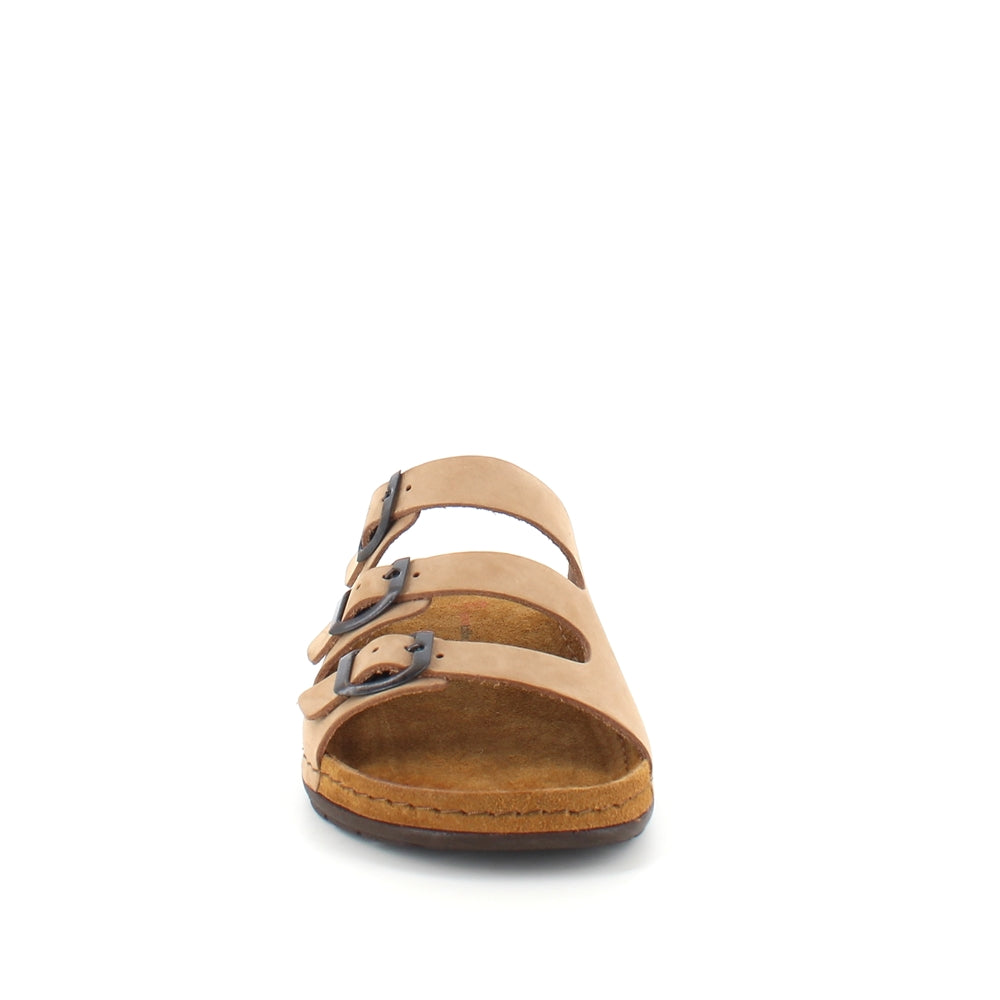 Brun slip-on sandal i skinn med smale remmer