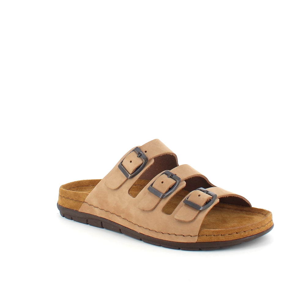 Brun slip-on sandal i skinn med smale remmer