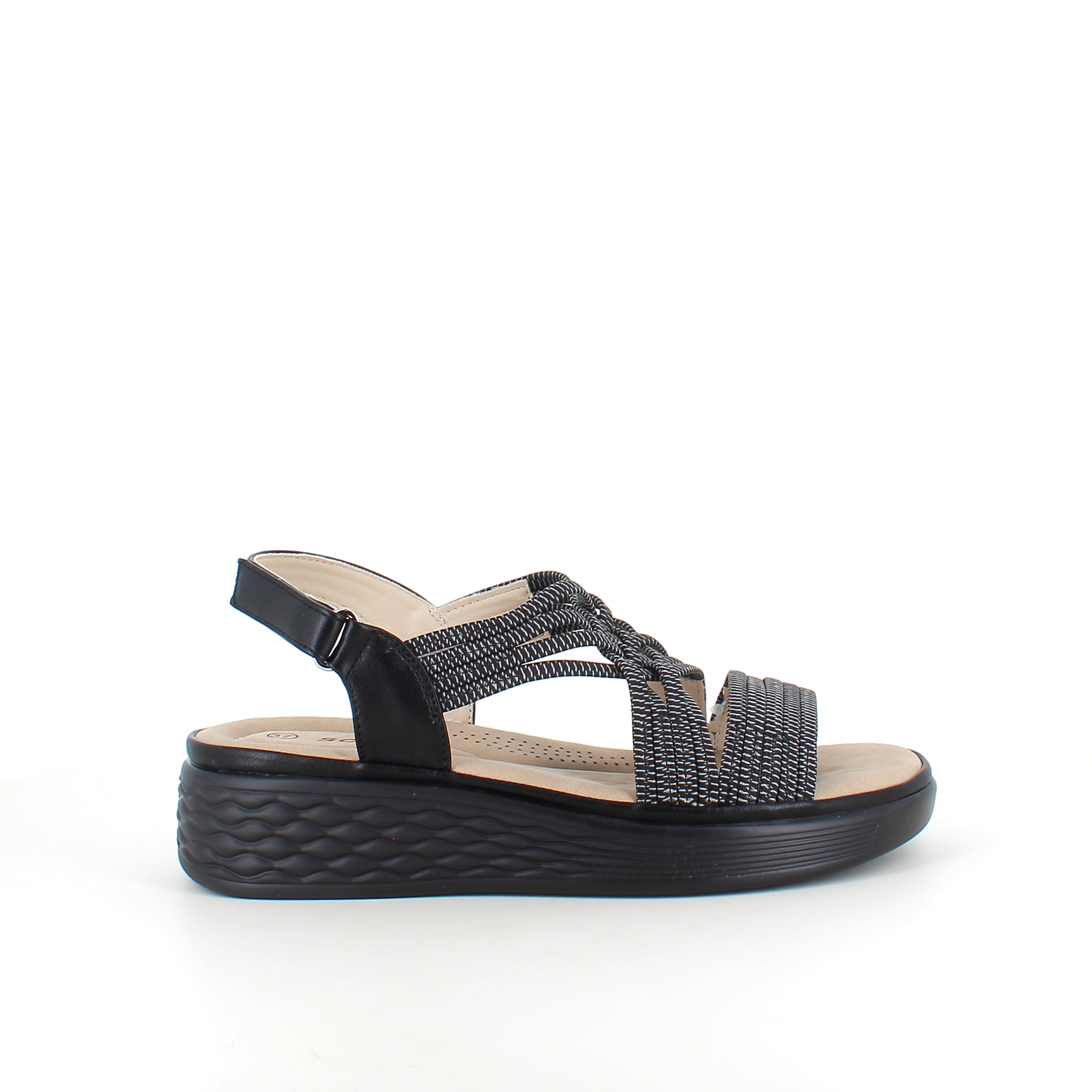 Svart sandal med elastiske remmer og støtdempende såle