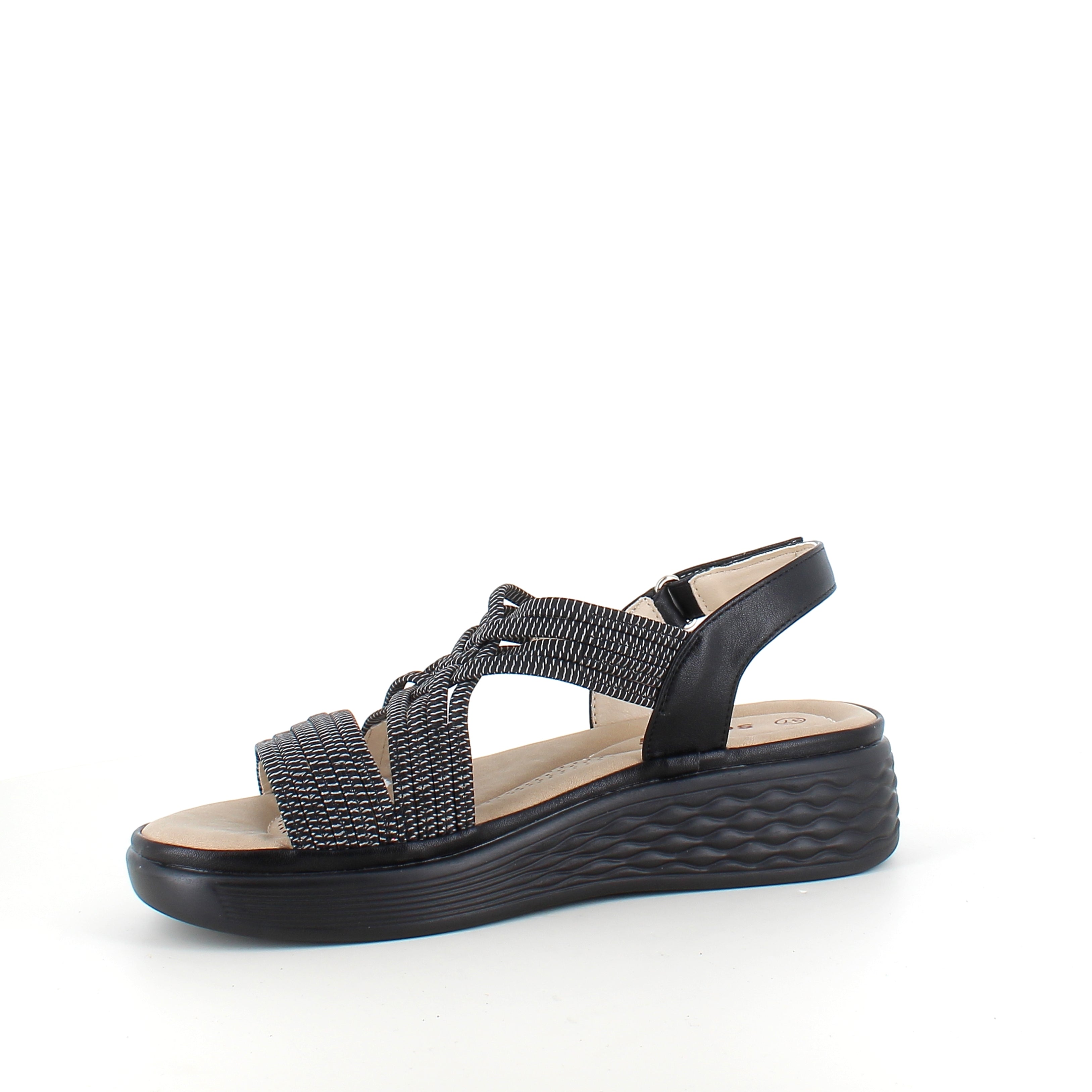 Svart sandal med elastiske remmer og støtabsorberende såle
