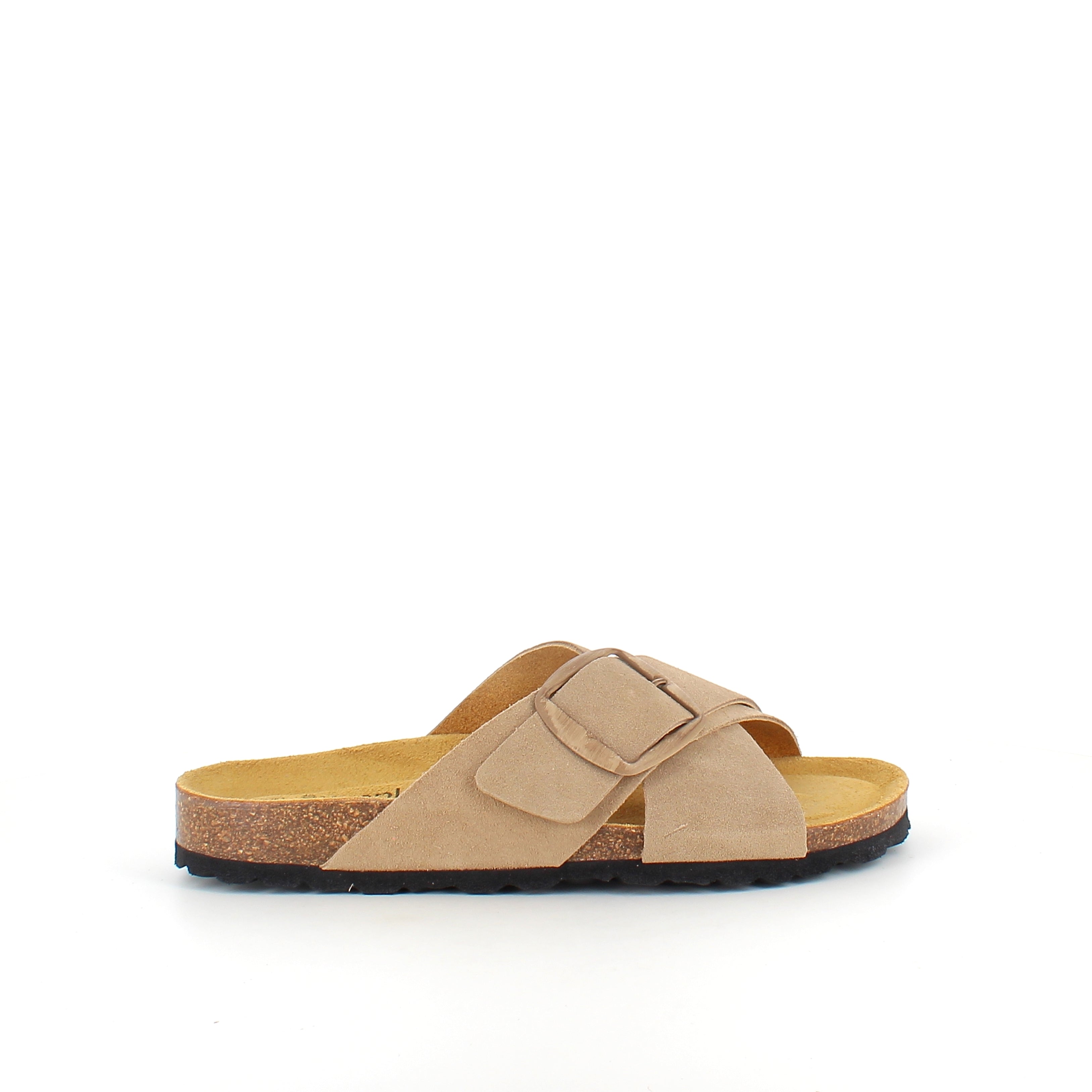 Lys brun slip-on sandal i skinn med dobbel rem – komfort og støtte fra Sykepleiebutikk.no