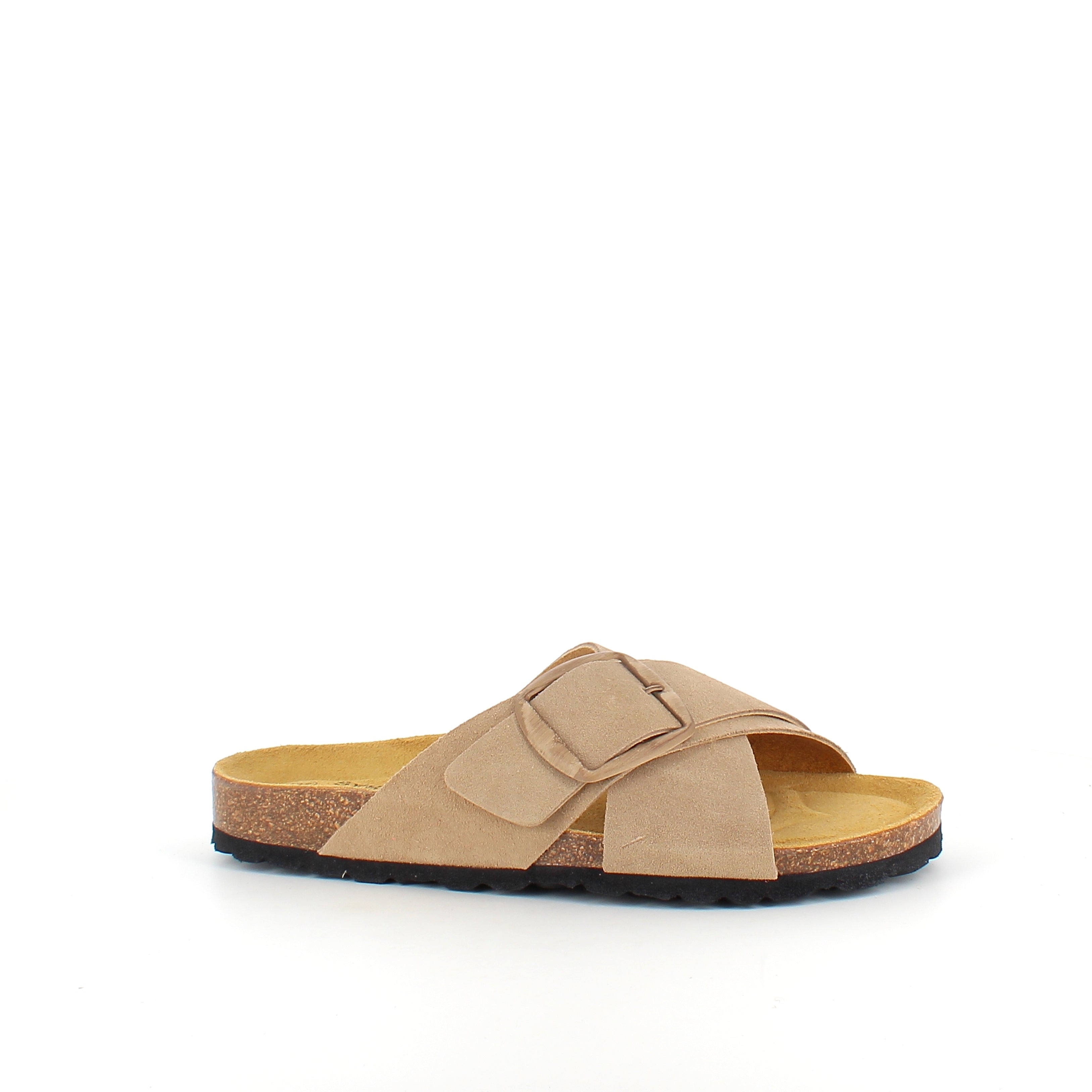 Lys brun slip-on sandal i skinn med dobbel rem – komfort og støtte fra Sykepleiebutikk.no