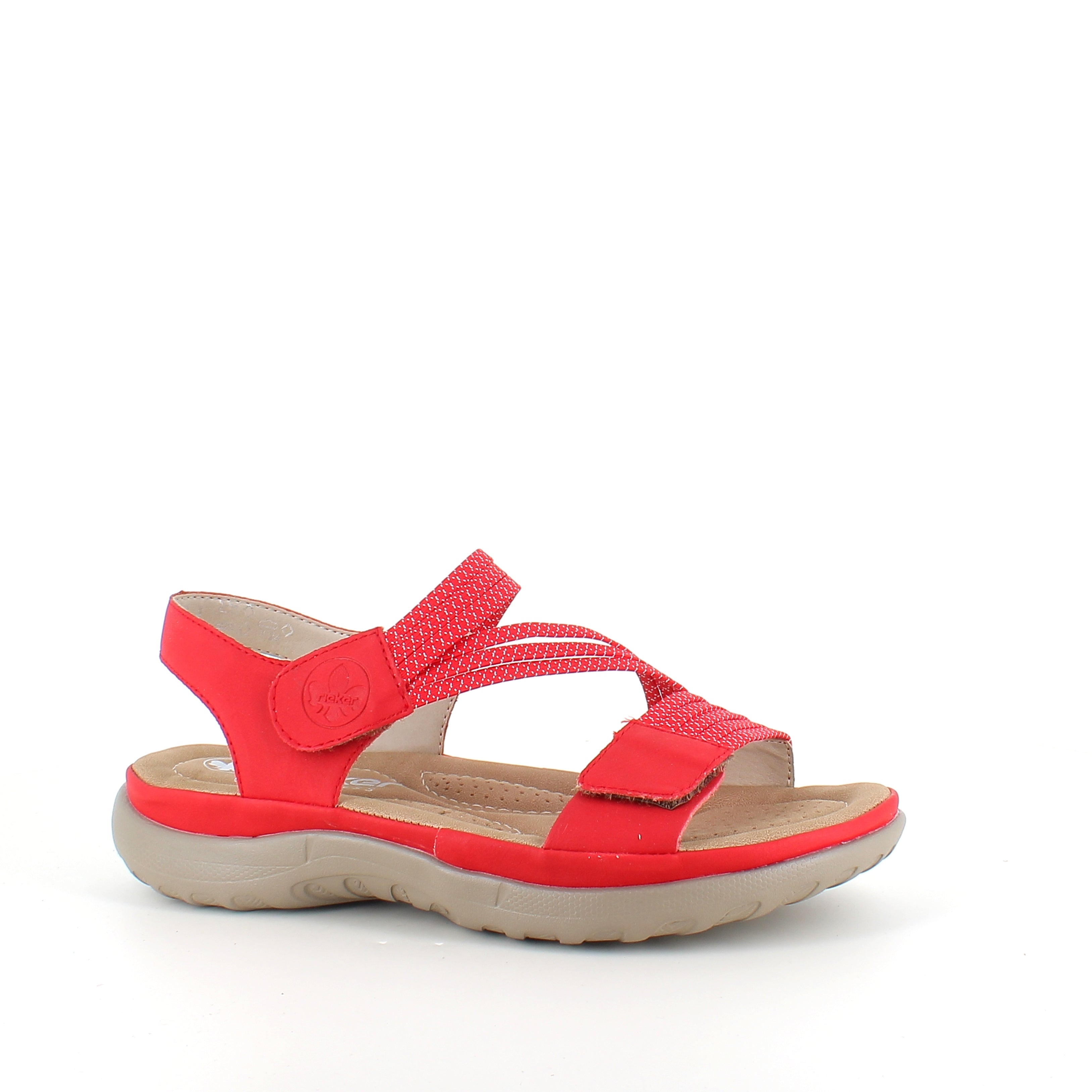 Rieker sandal i rød til dame – lett komfort med myk innersåle & fleksible remmer