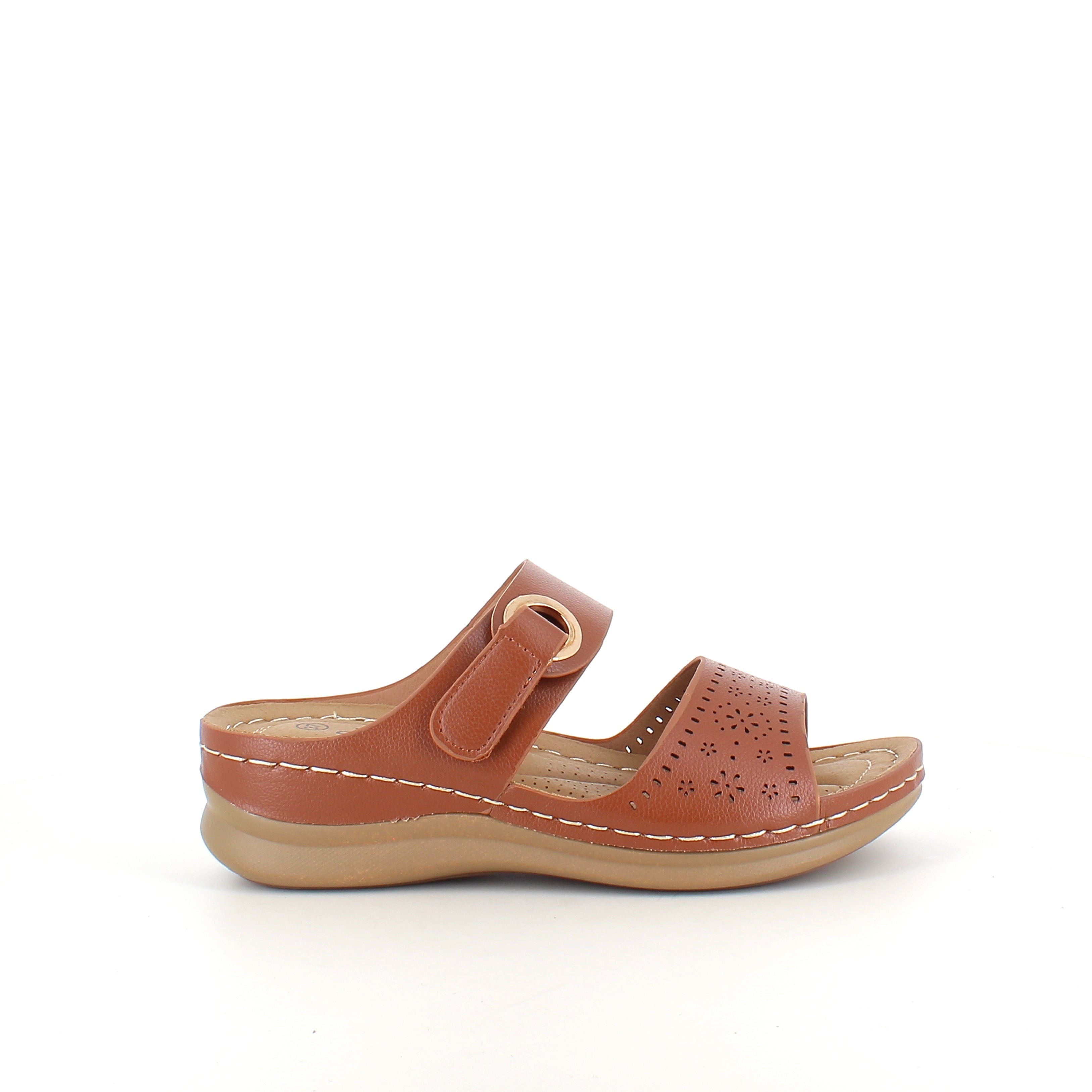 Brun slip-on sandal med borrelåsfeste – varm nyanse & feminin silhuett