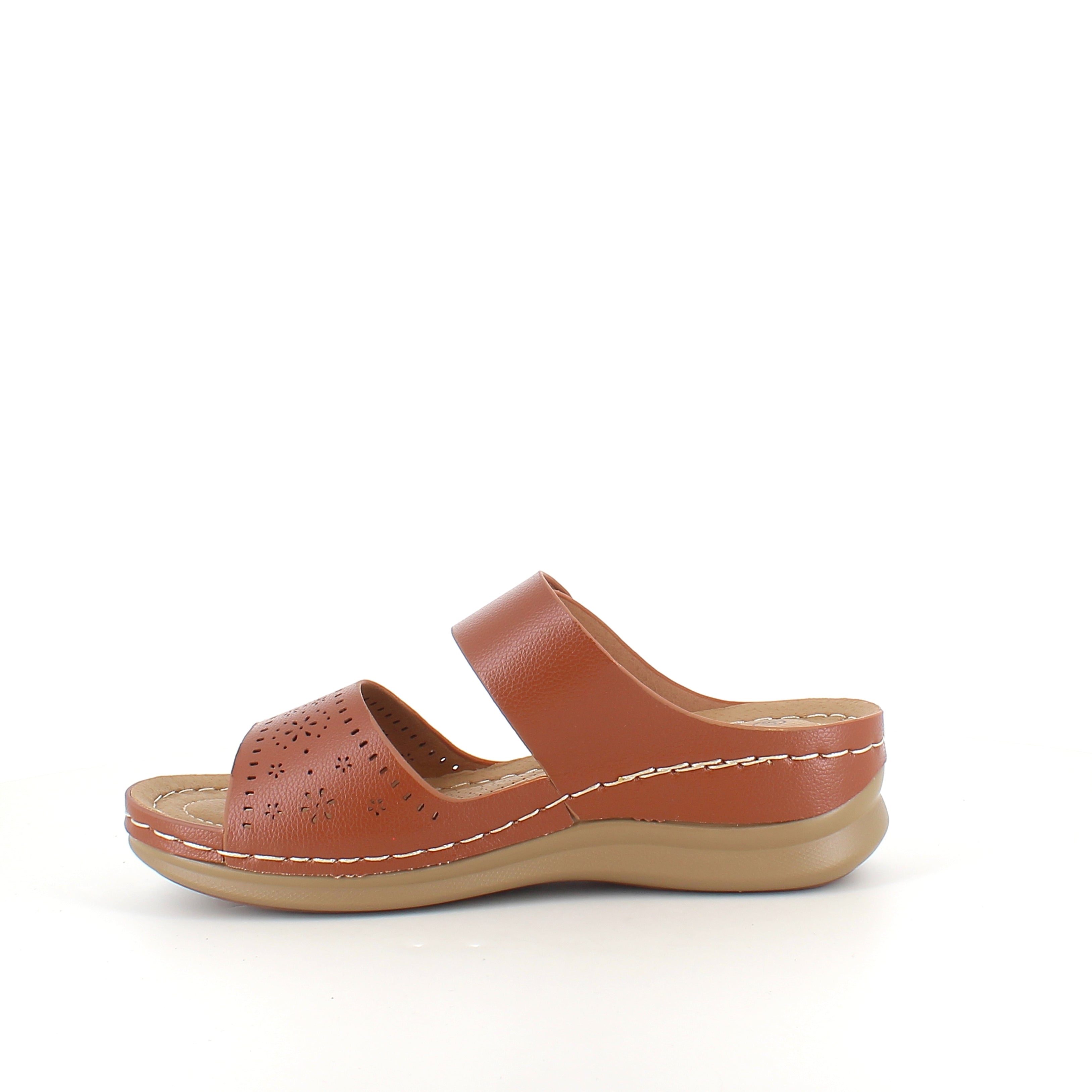 Brun slip-on sandal med borrelåsrem – varm nyanse & feminin silhuett