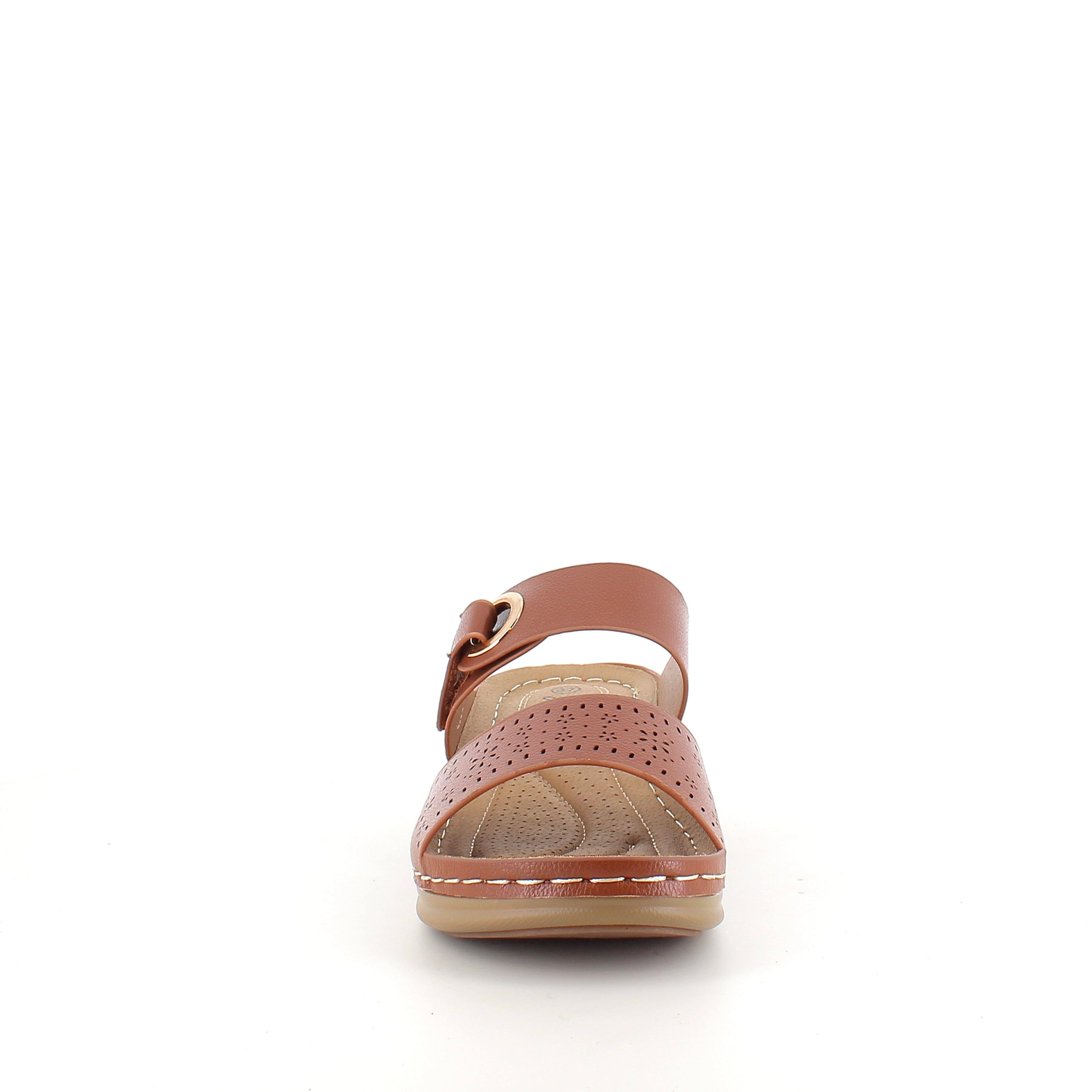 Brun slip-on sandal med borrelåsfeste – varm nyanse & feminin silhuett