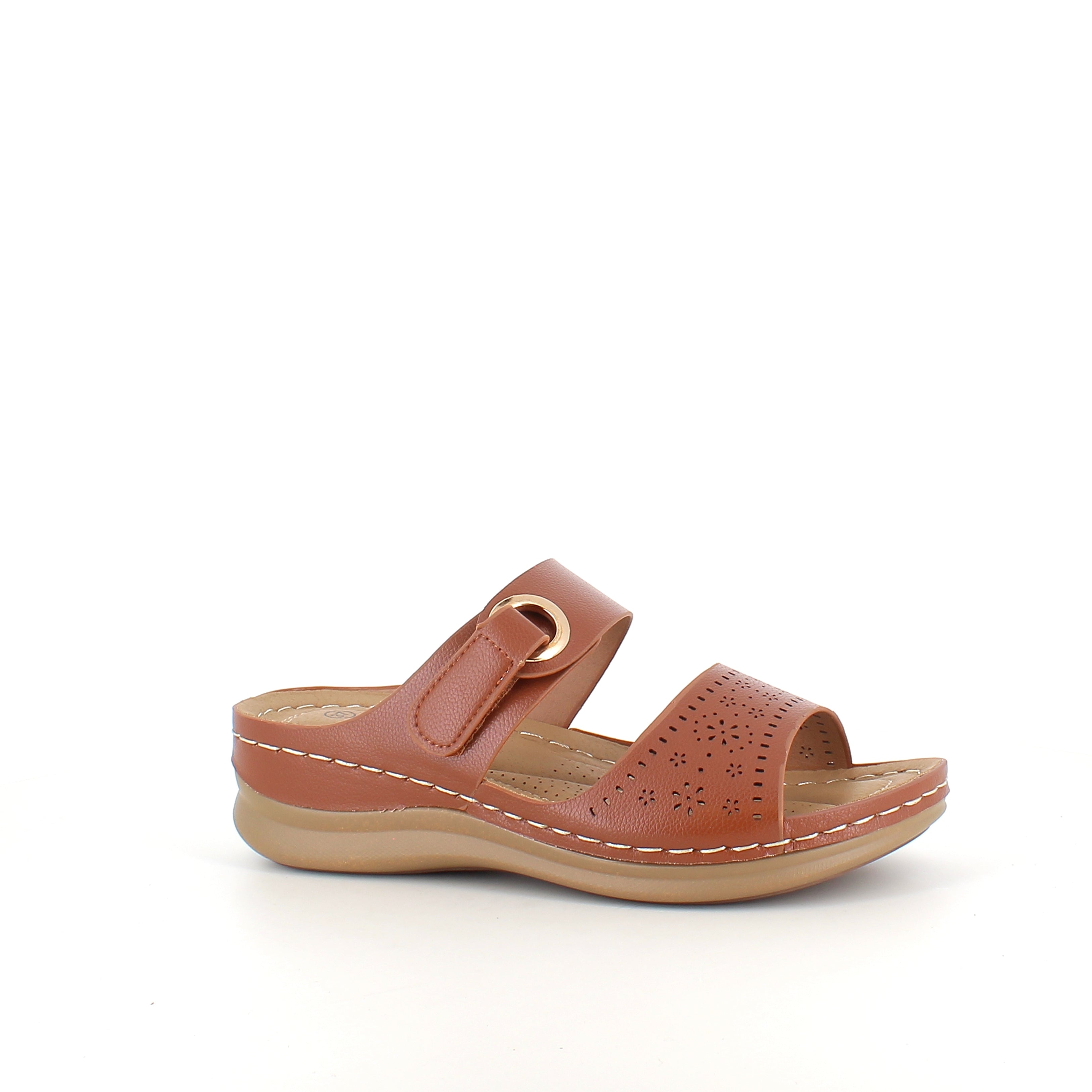 Brun slip-on sandal med borrelåsfeste – varm nyanse & feminin silhuett