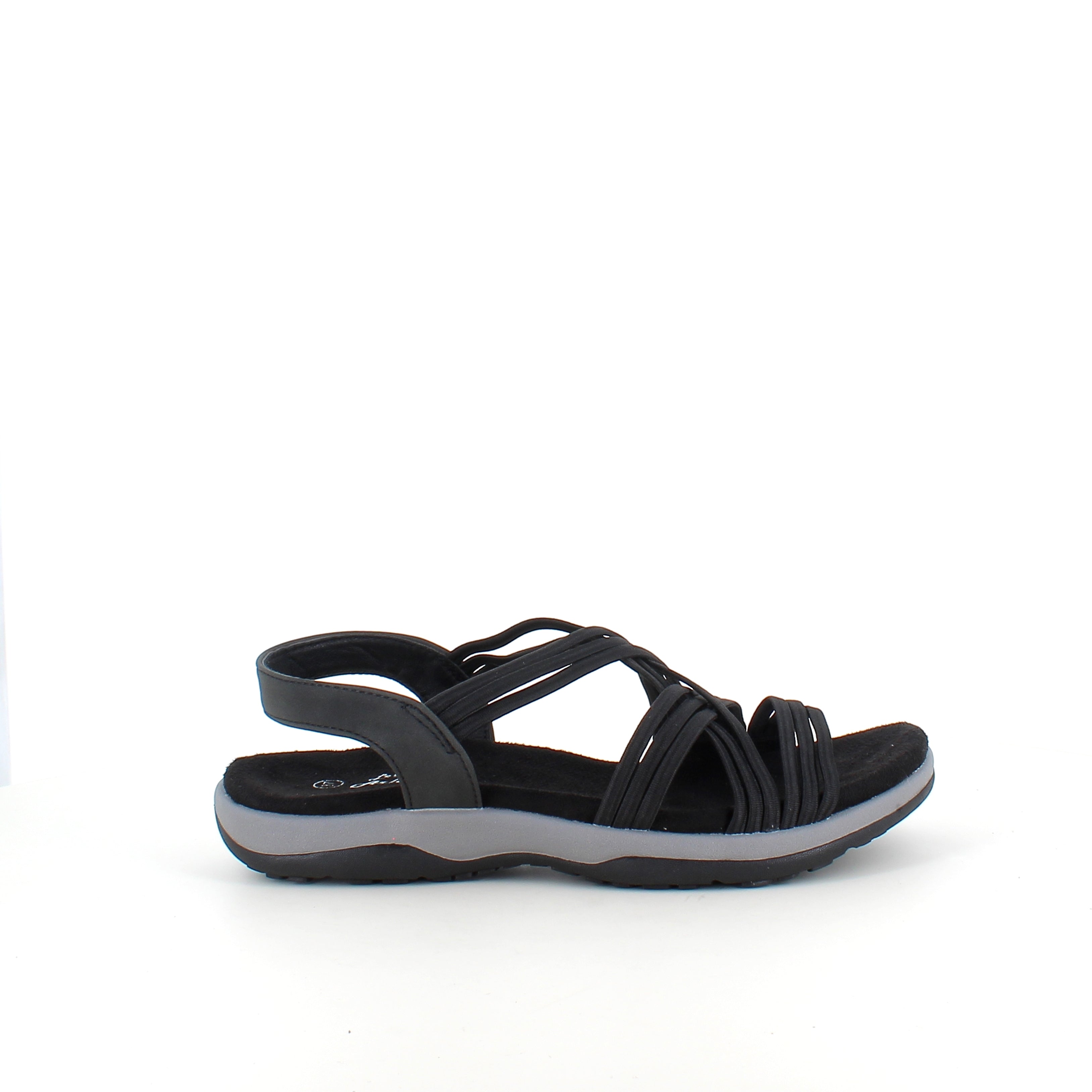 Svart sandal med elastiske remmer – klassisk modell med myk skumsåle
