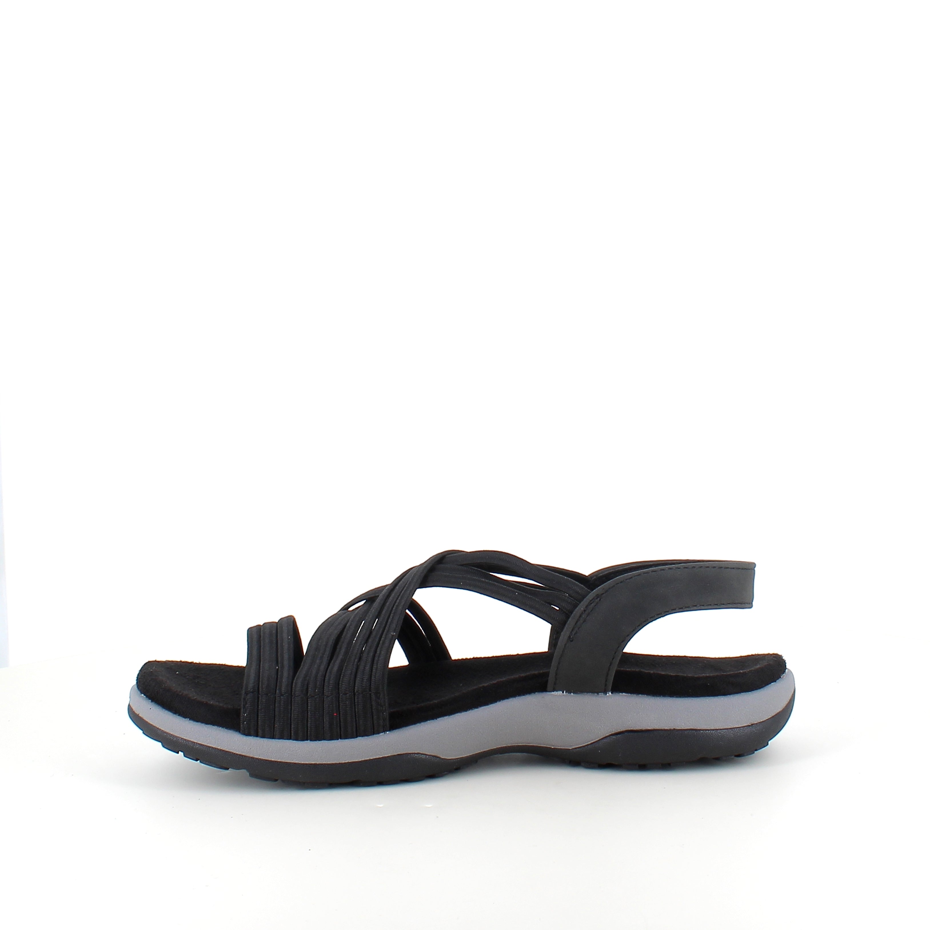Svart sandal med elastiske remmer – klassisk modell med myk skumsåle