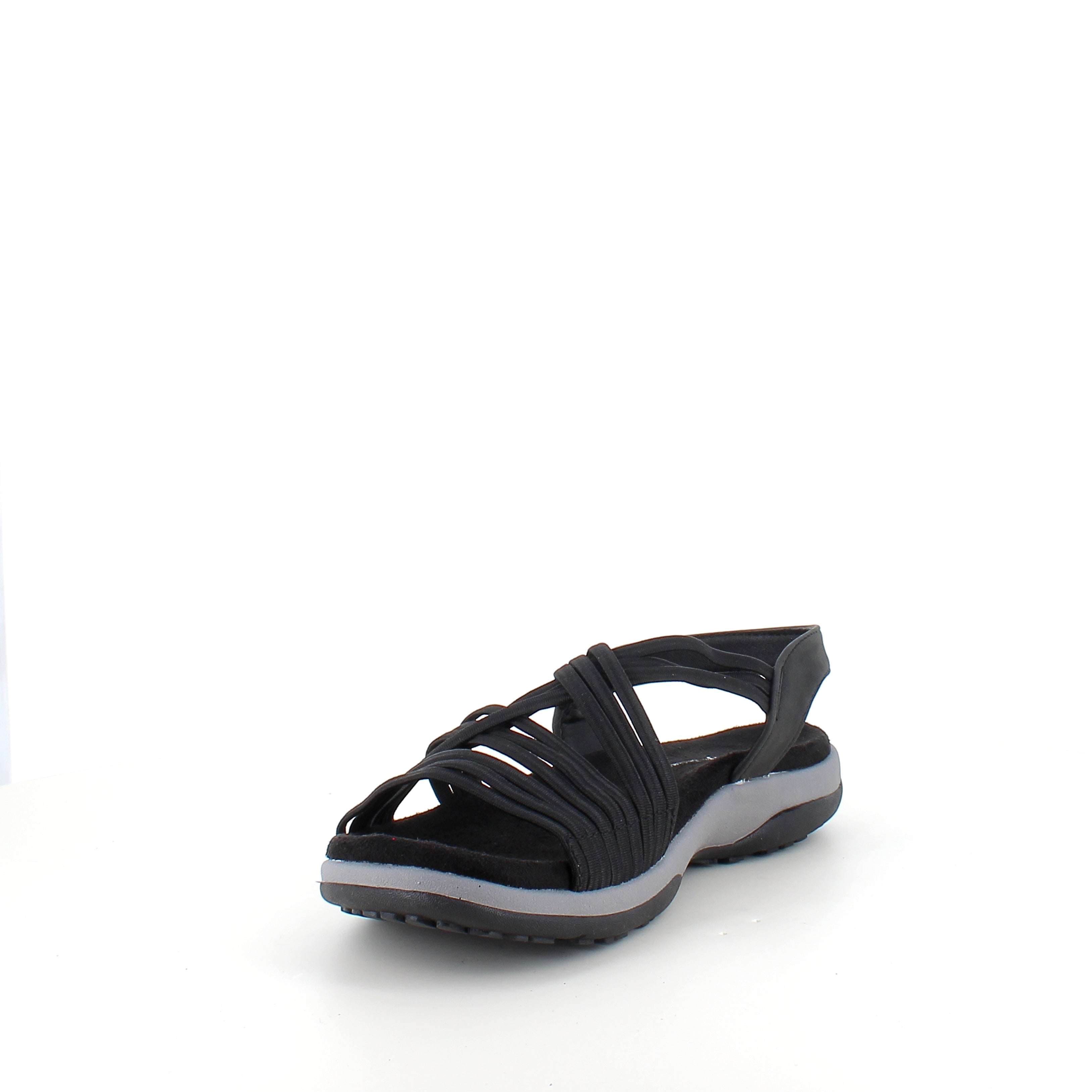 Svart sandal med elastiske remmer – klassisk modell med myk skumsåle