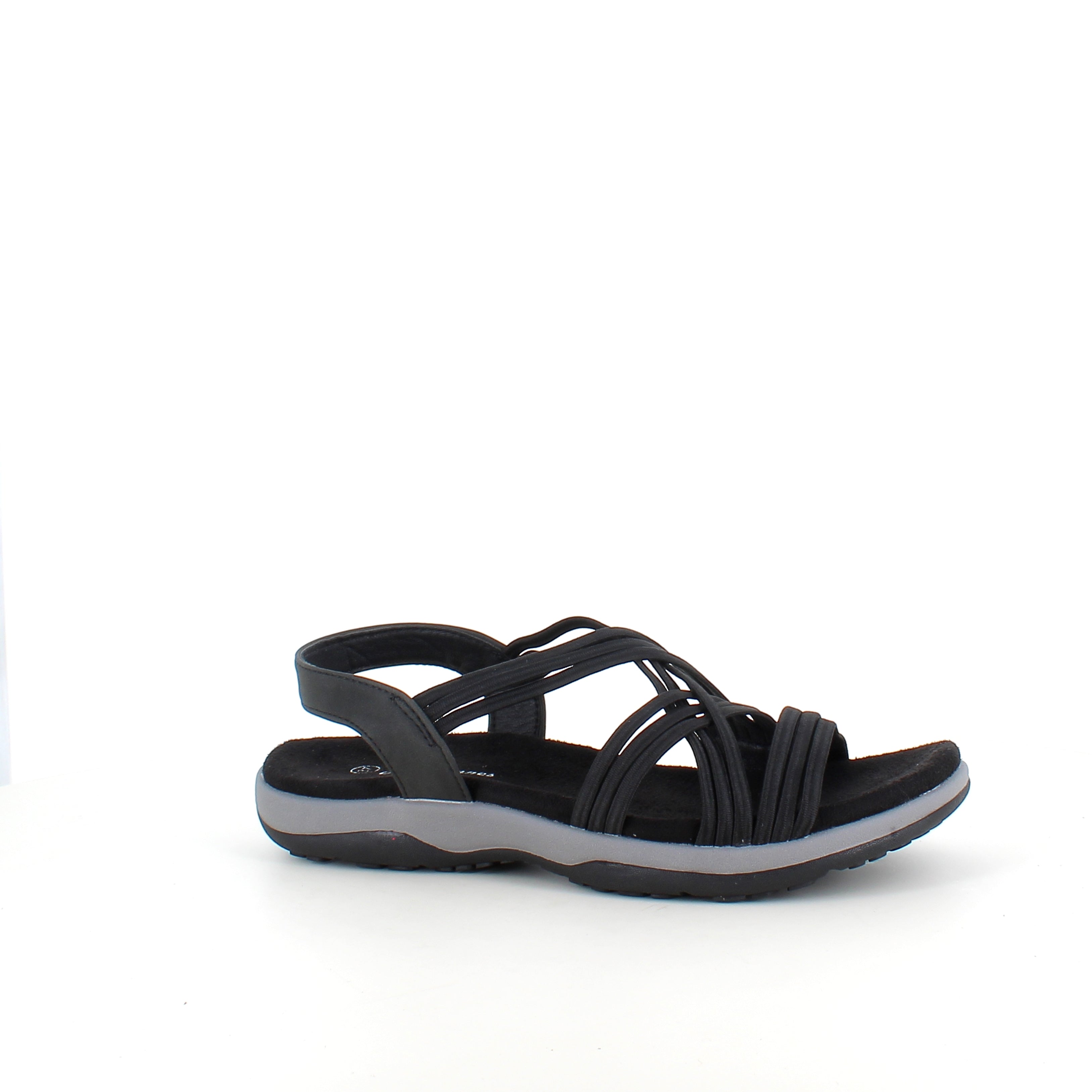 Svart sandal med elastiske remmer – klassisk modell med myk skumsåle