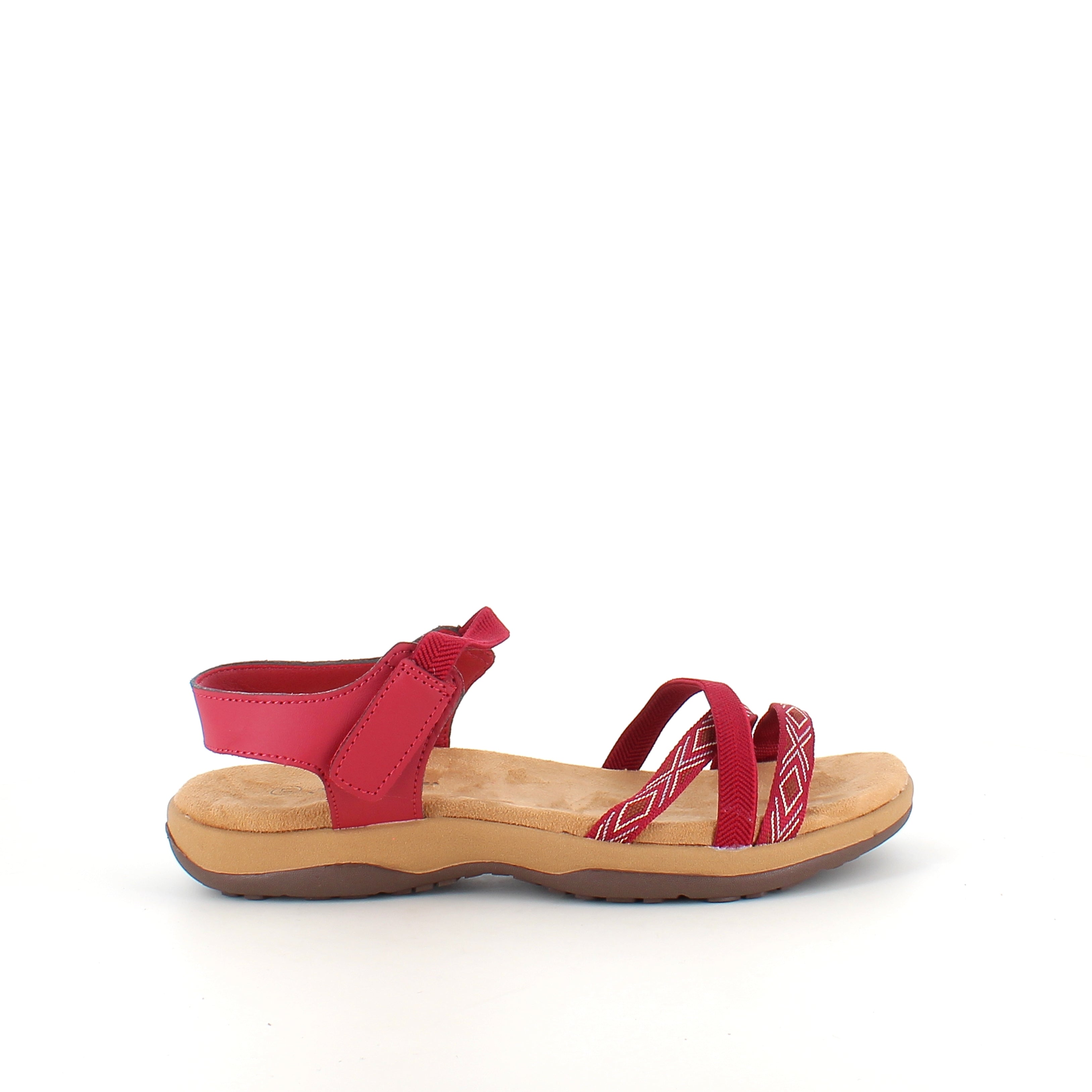 Rød sandal med elastikkremmer og borrelås – feminin og fleksibel til sommeren