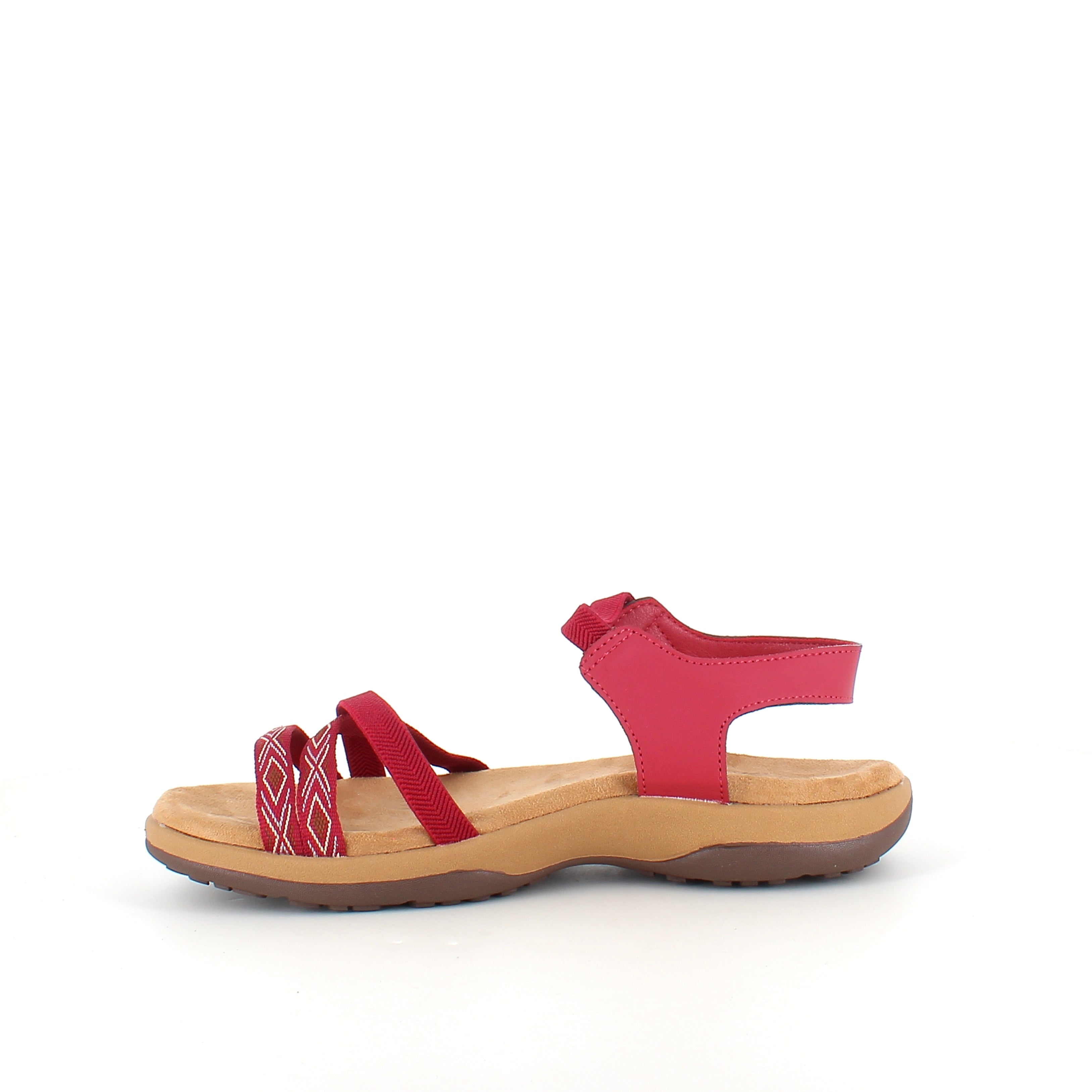 Rød sandal med elastiske reimer og borrelås – feminin og fleksibel til sommeren