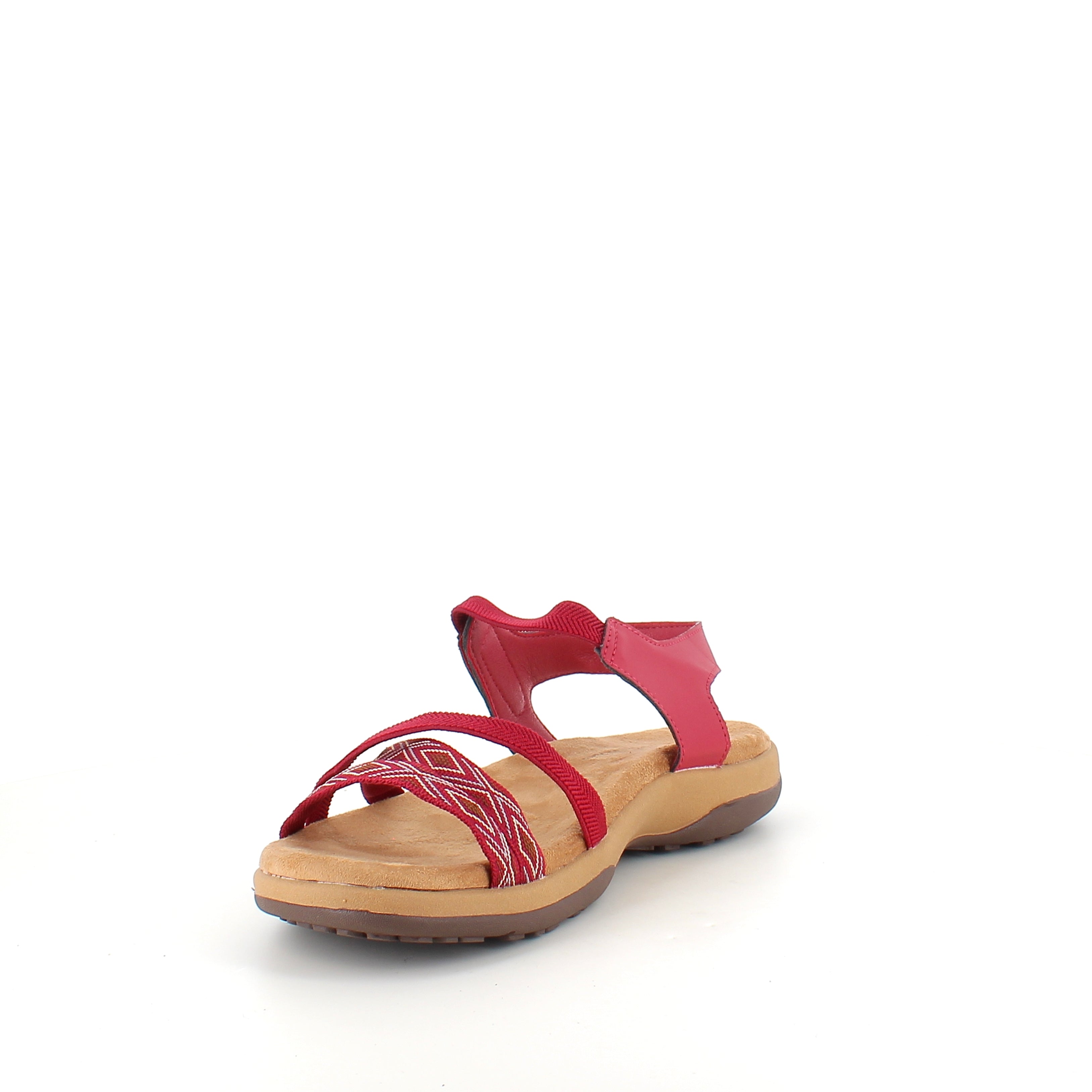 Rød sandal med elastiske reimer og borrelås – feminin og fleksibel til sommeren