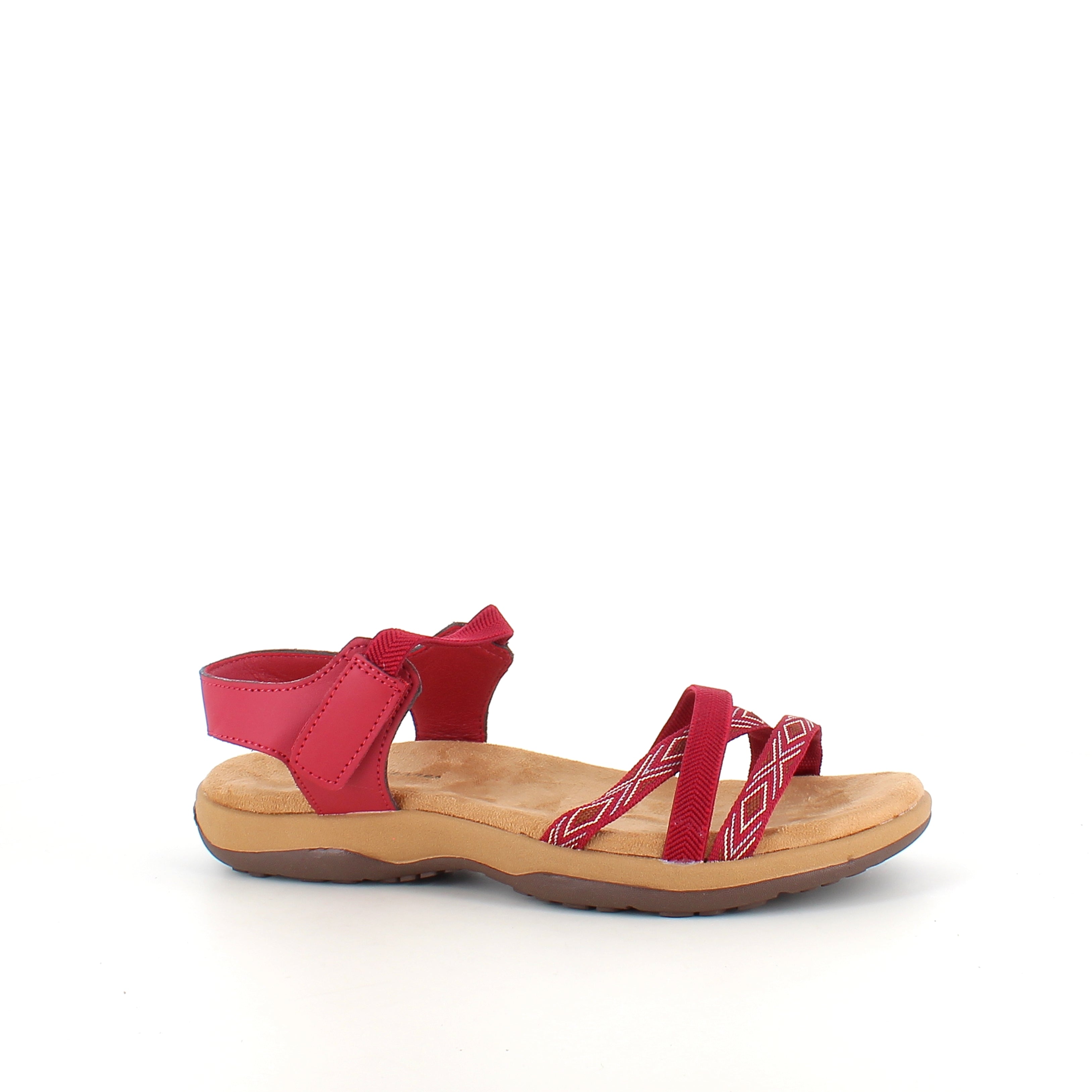 Rød sandal med elastikkremmer og borrelås – feminin og fleksibel til sommeren