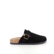Sort slip-on sandal i tekstil – klassisk modell med justerbar spenne