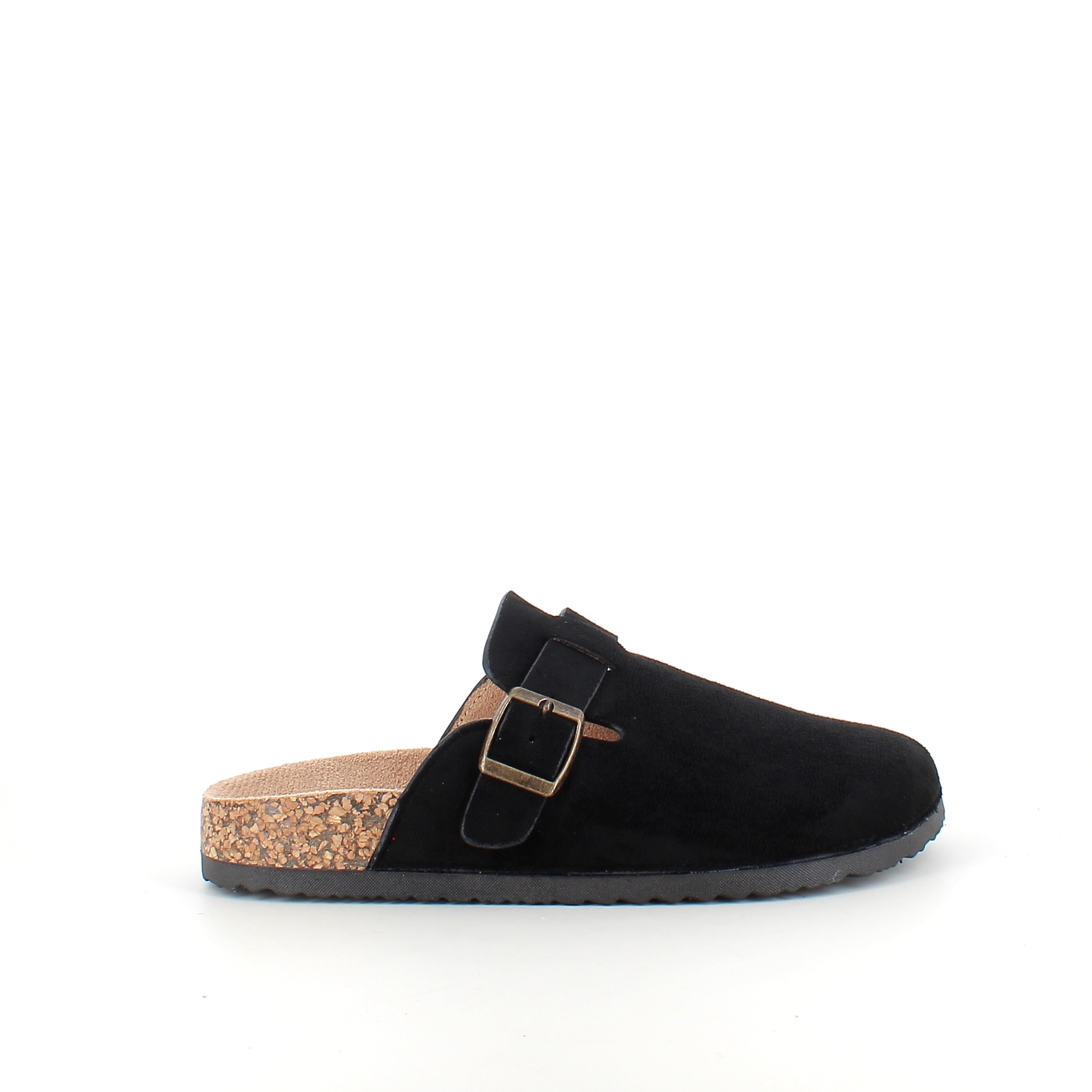 Sort slip-on sandal i tekstil – klassisk modell med justerbar spenne