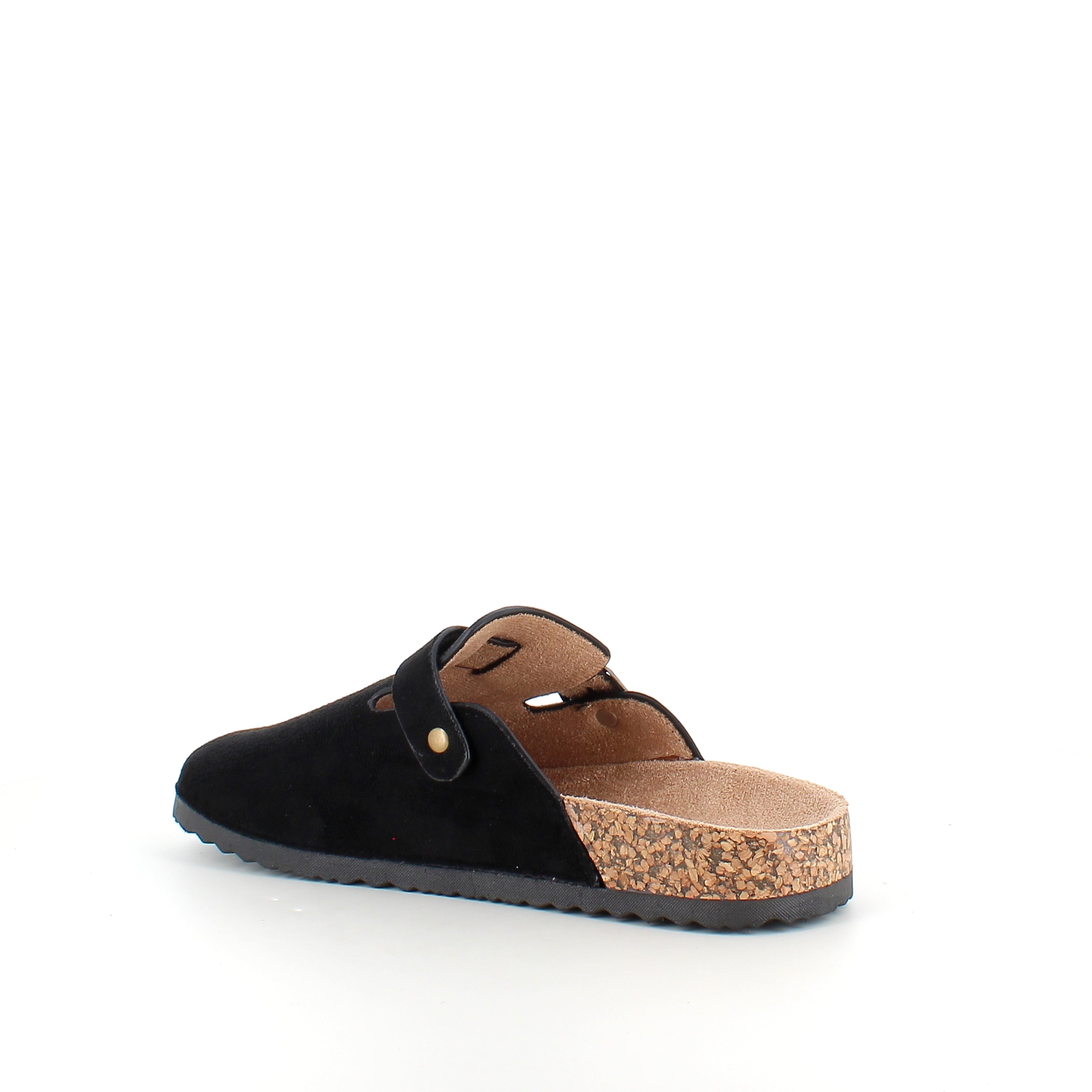Svart slip-on sandal i tekstil – klassisk modell med justerbar spenne