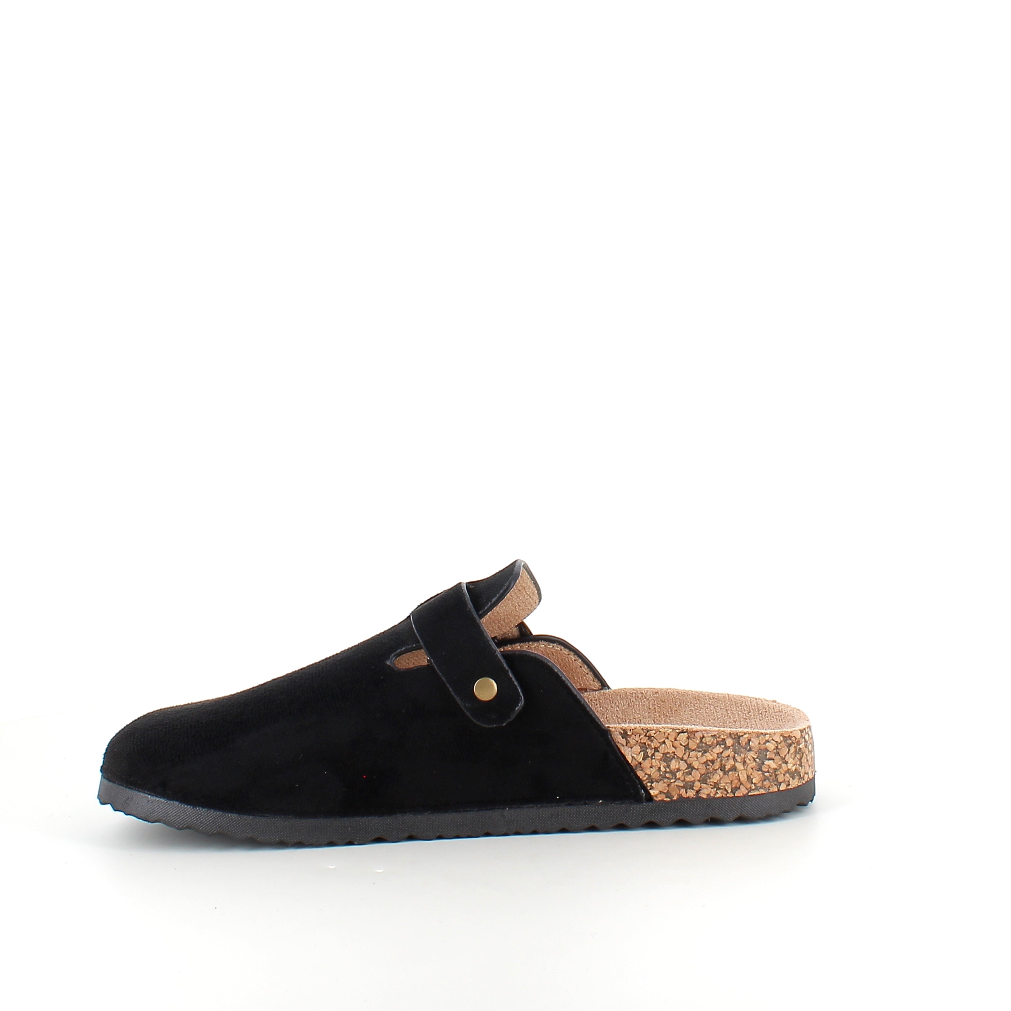 Svart slip-on sandal i tekstil – klassisk modell med justerbart spenne