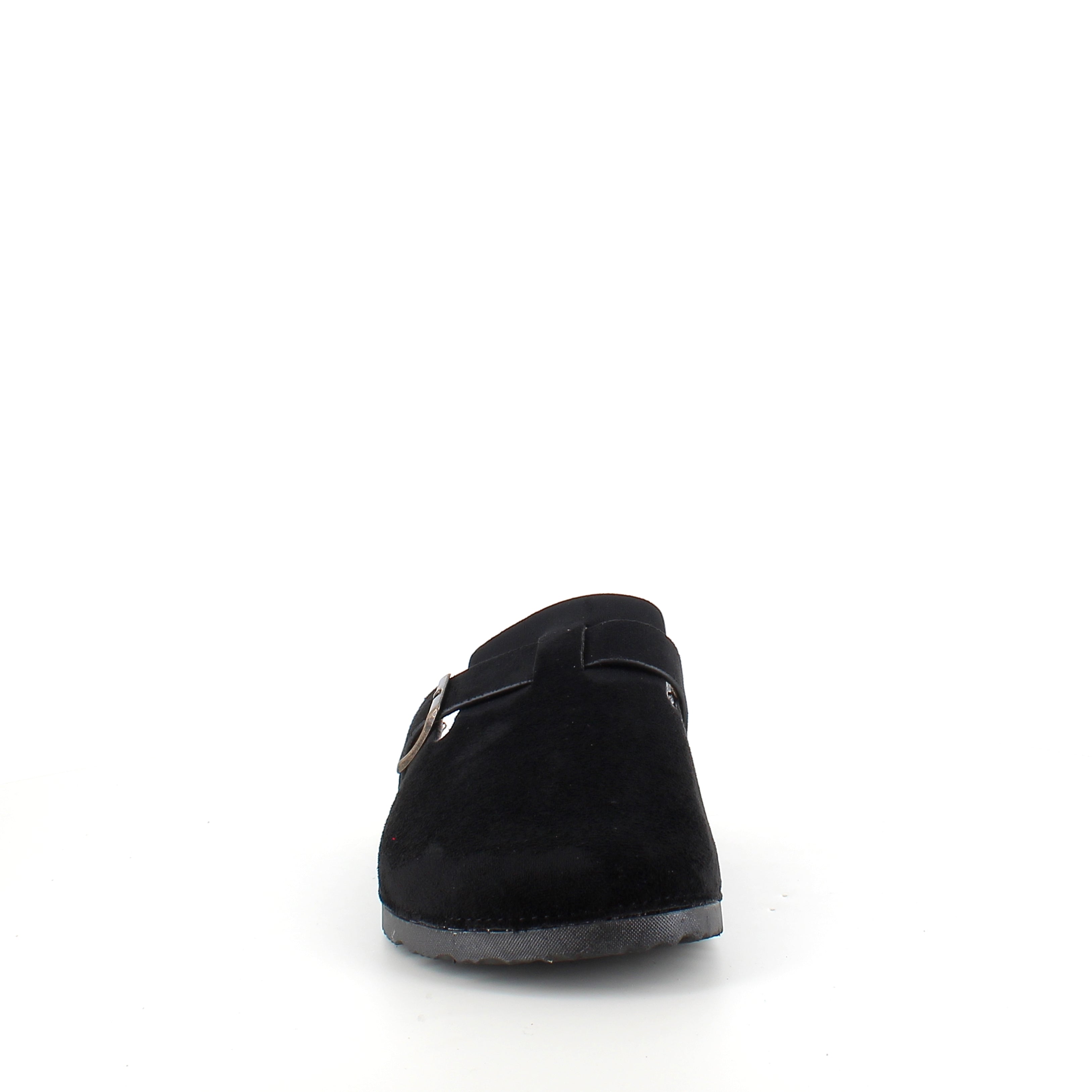 Svart slip-on sandal i tekstil – klassisk modell med justerbar spenne