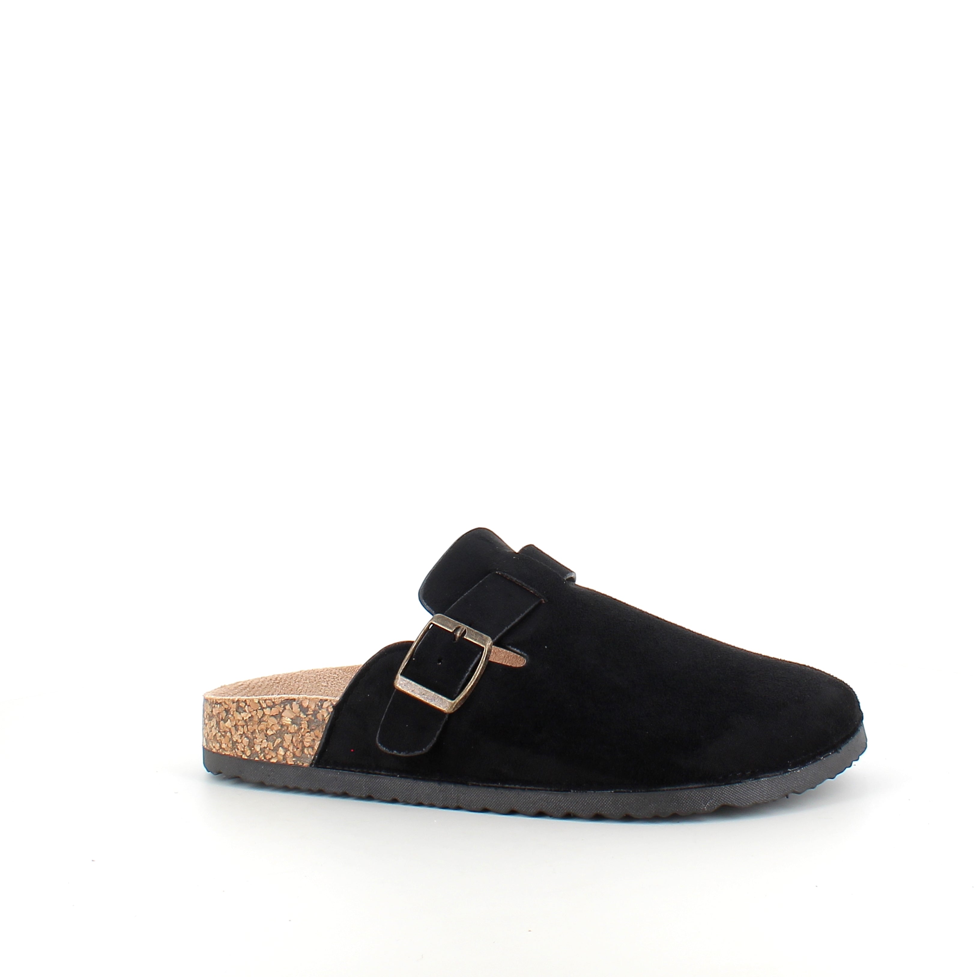 Sort slip-on sandal i tekstil – klassisk modell med justerbar spenne