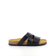 Slip-on sandal i svart glatt skinn med kryssremmer – komfort & støtte | Sykepleiebutikk.no