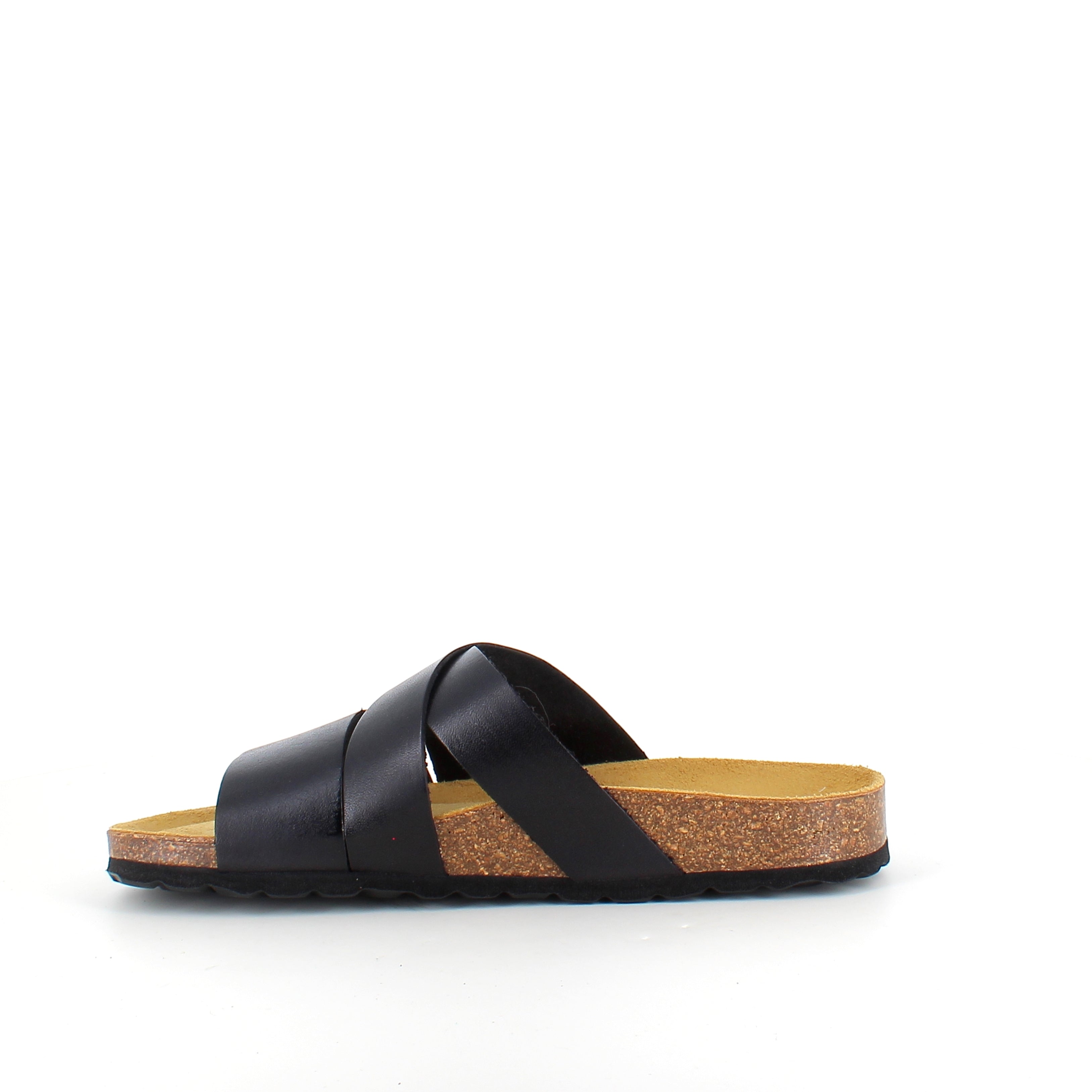 Slip-on sandal i svart glatt skinn med kryssremmer – komfort & støtte | Sykepleiebutikk.no