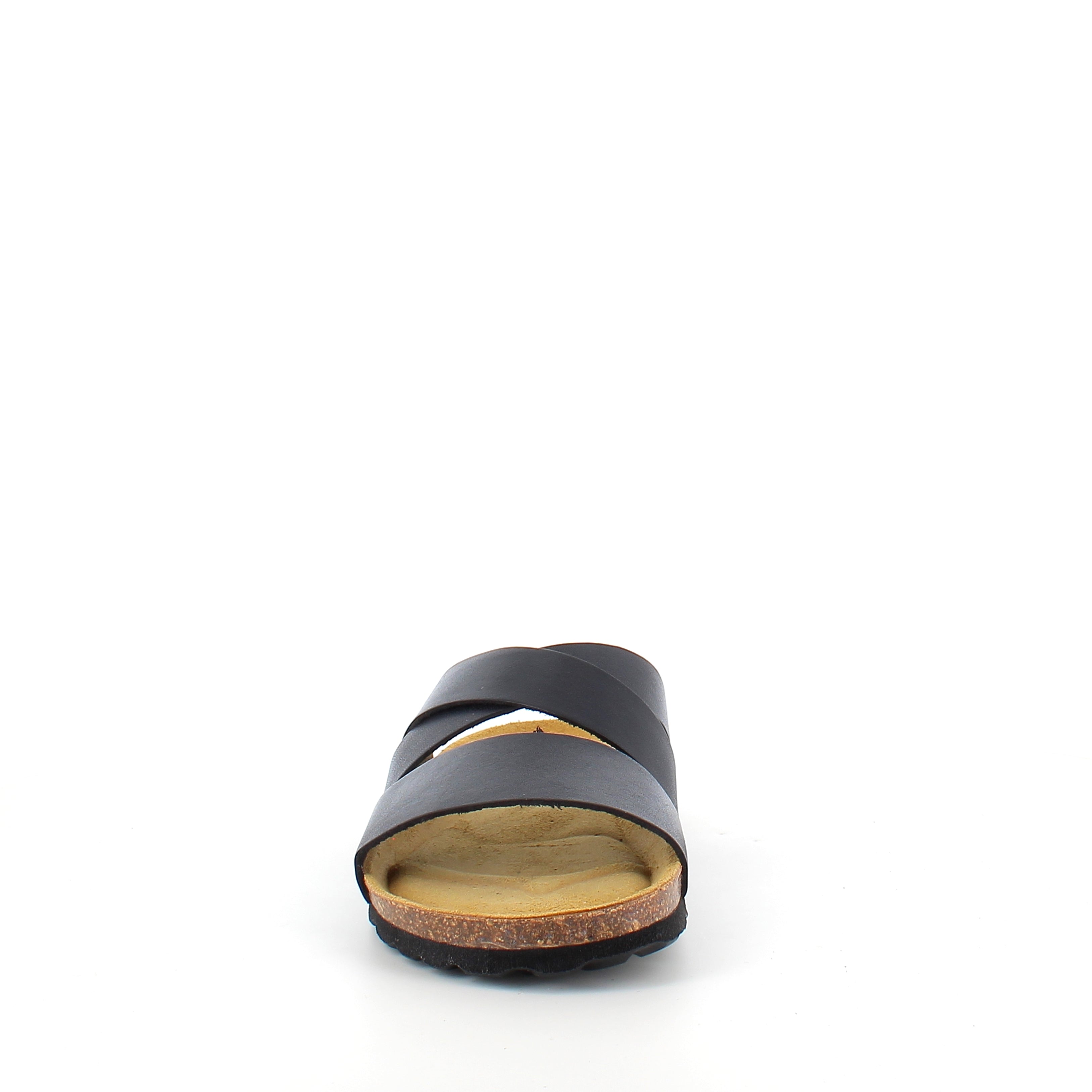 Slip-on sandal i svart glatt skinn med kryssremmer – komfort & støtte | Sykepleiebutikk.no