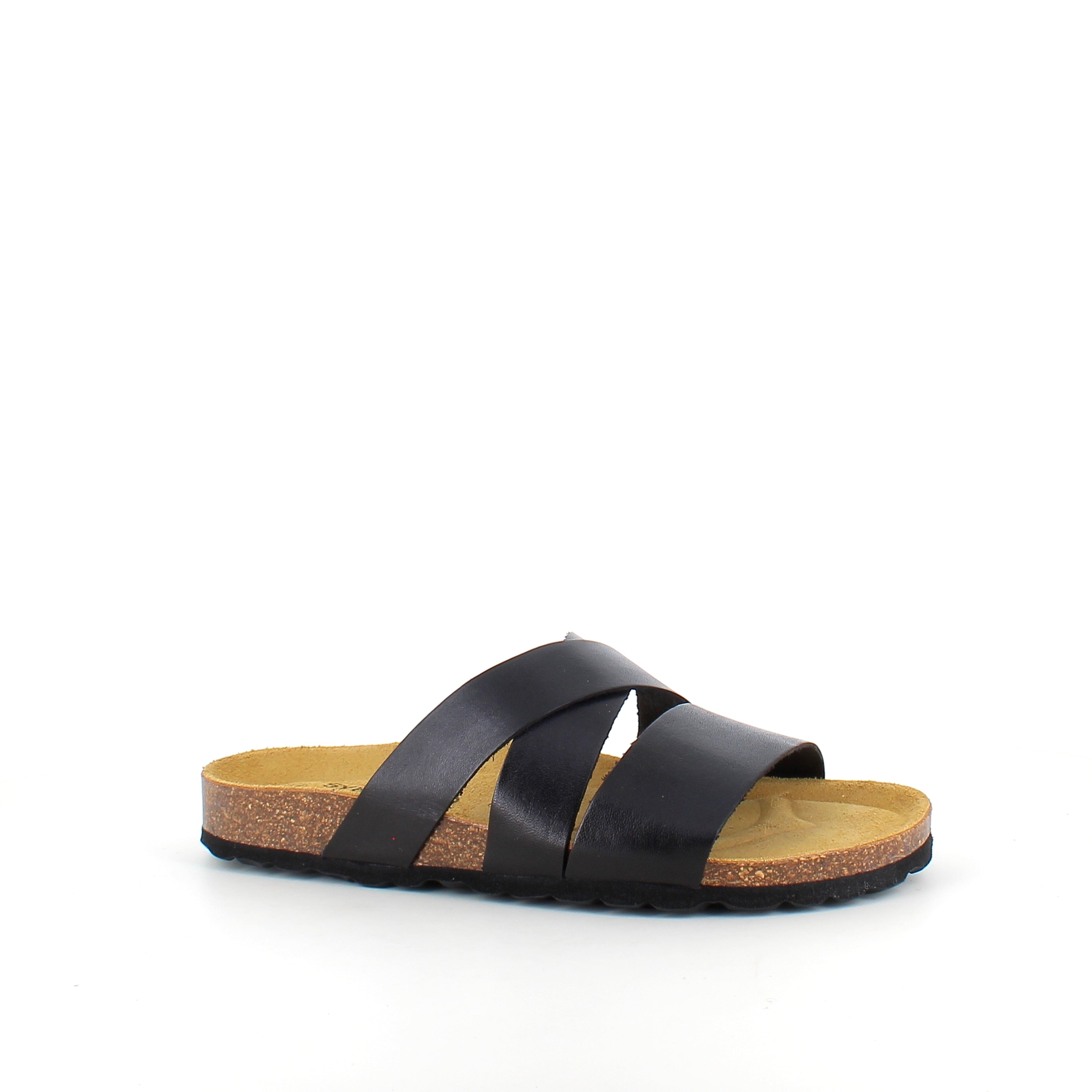 Slip-on sandal i svart glatt skinn med kryssremmer – komfort & støtte | Sykepleiebutikk.no