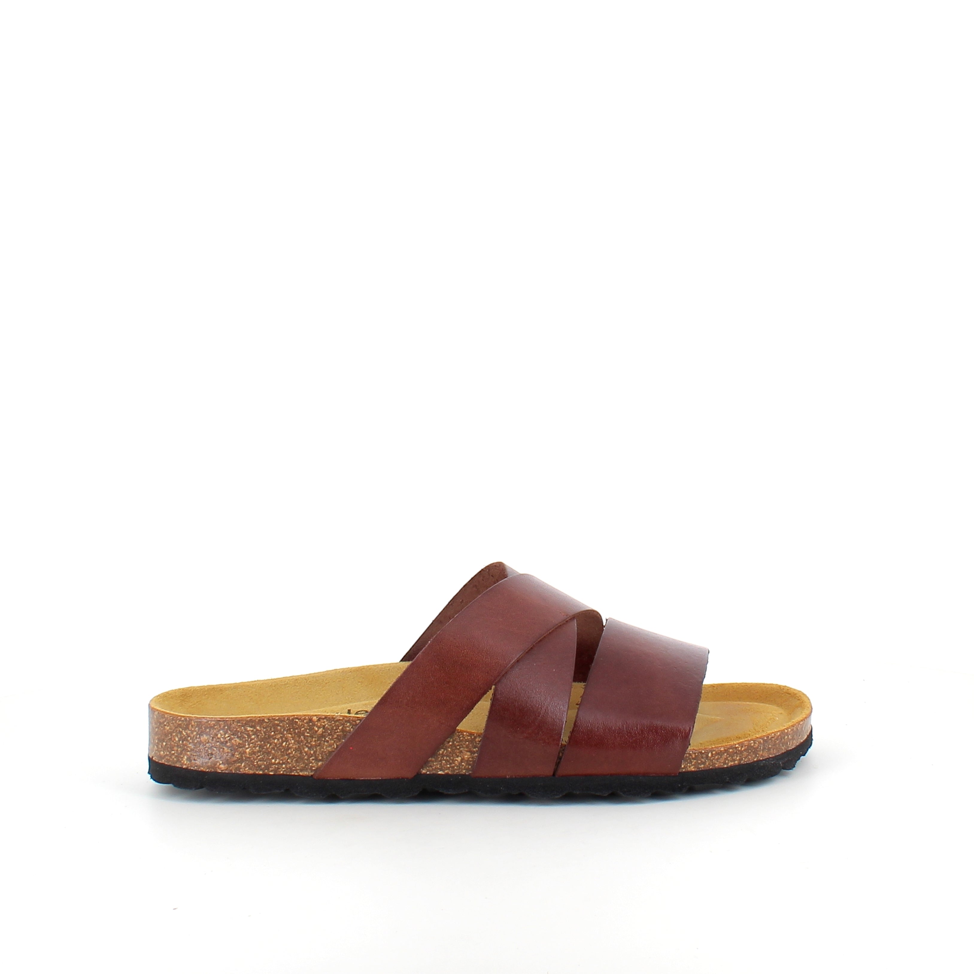 Slip-on sandal i brunt glatt skinn med kryssremmer – komfort & støtte | Sykepleiebutikk.no