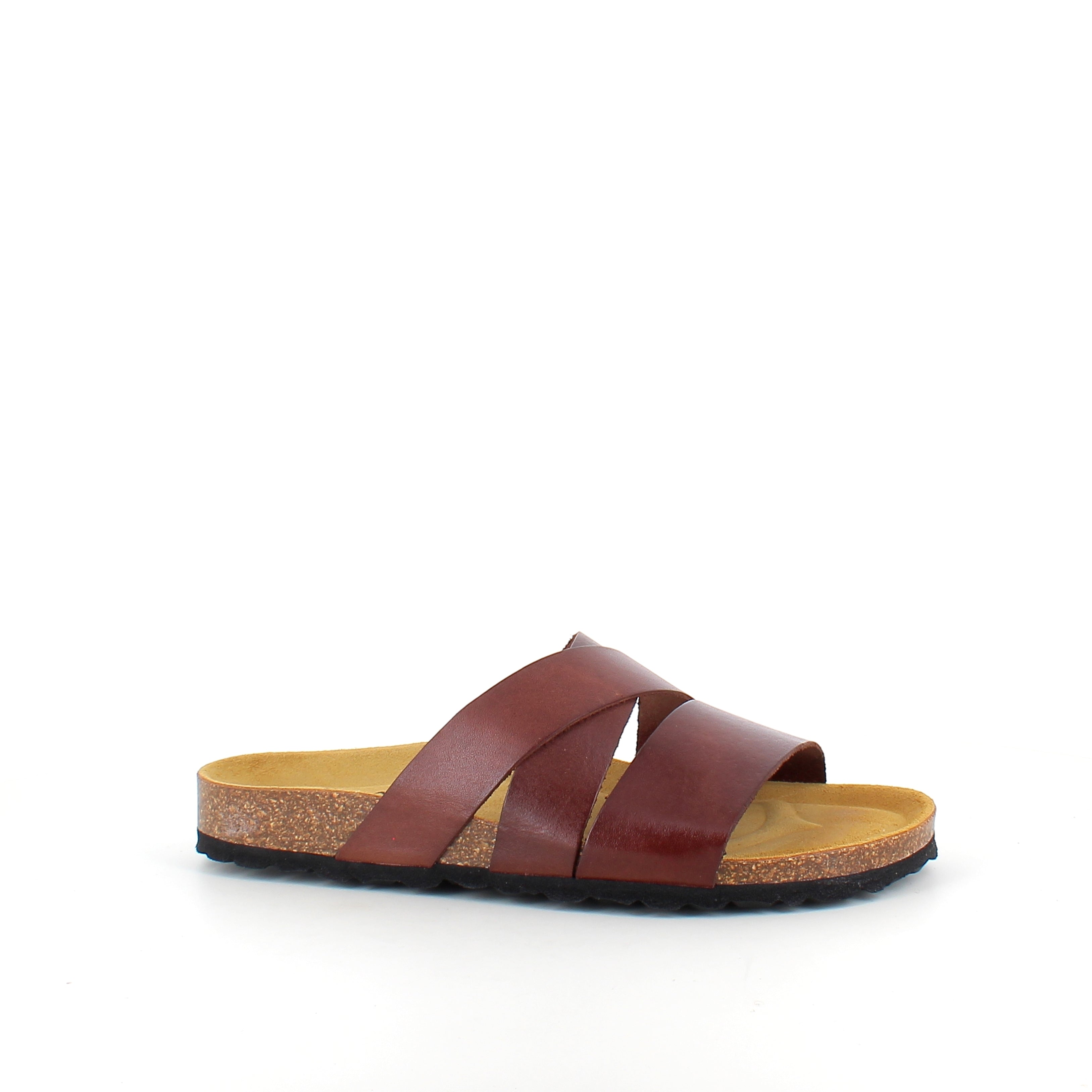 Slip-on sandal i brunt glatt skinn med kryssremmer – komfort & støtte | Sykepleiebutikk.no