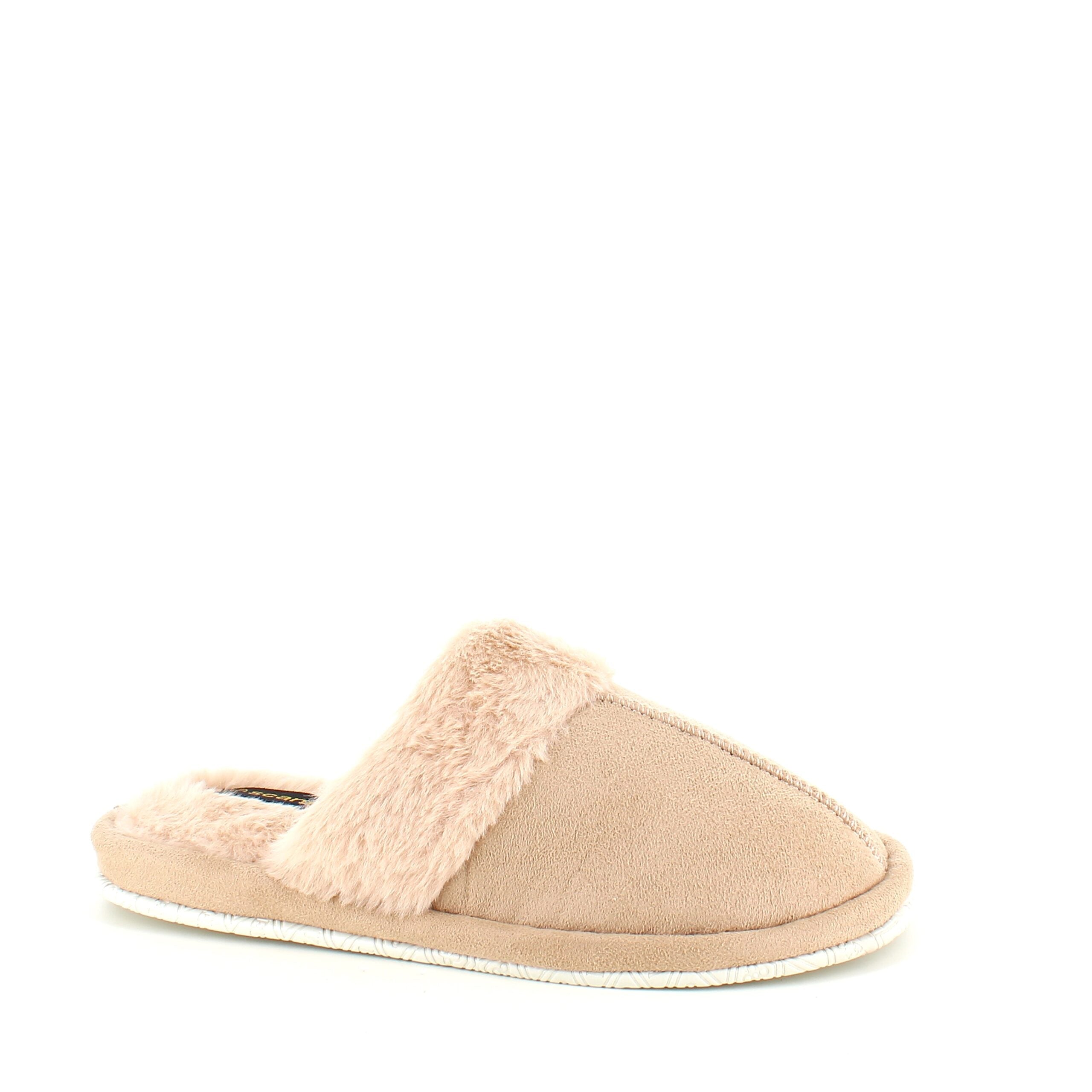 Beige tøfler med synlig pelskant