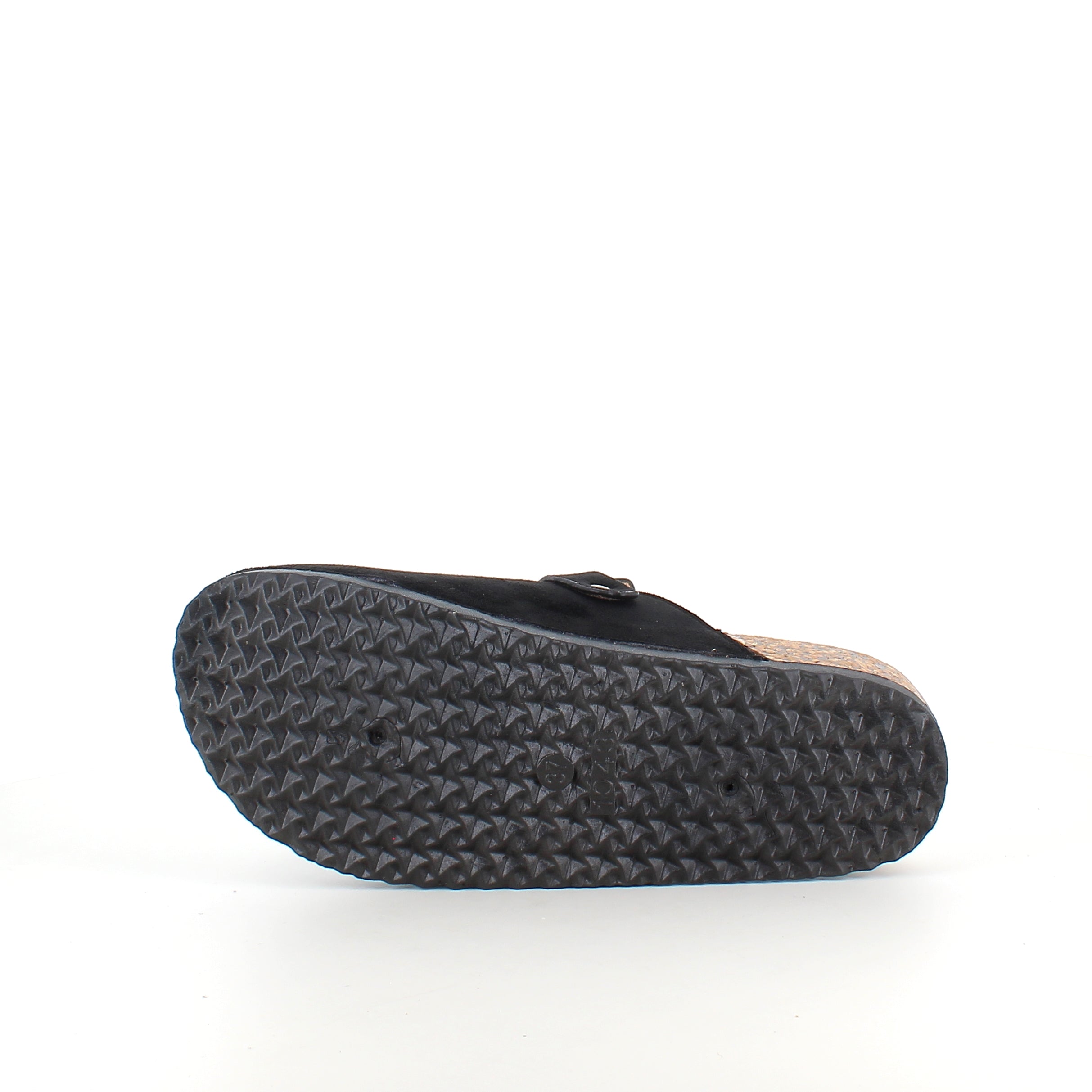 Sort slip-on sandal i tekstil – klassisk modell med justerbar spenne