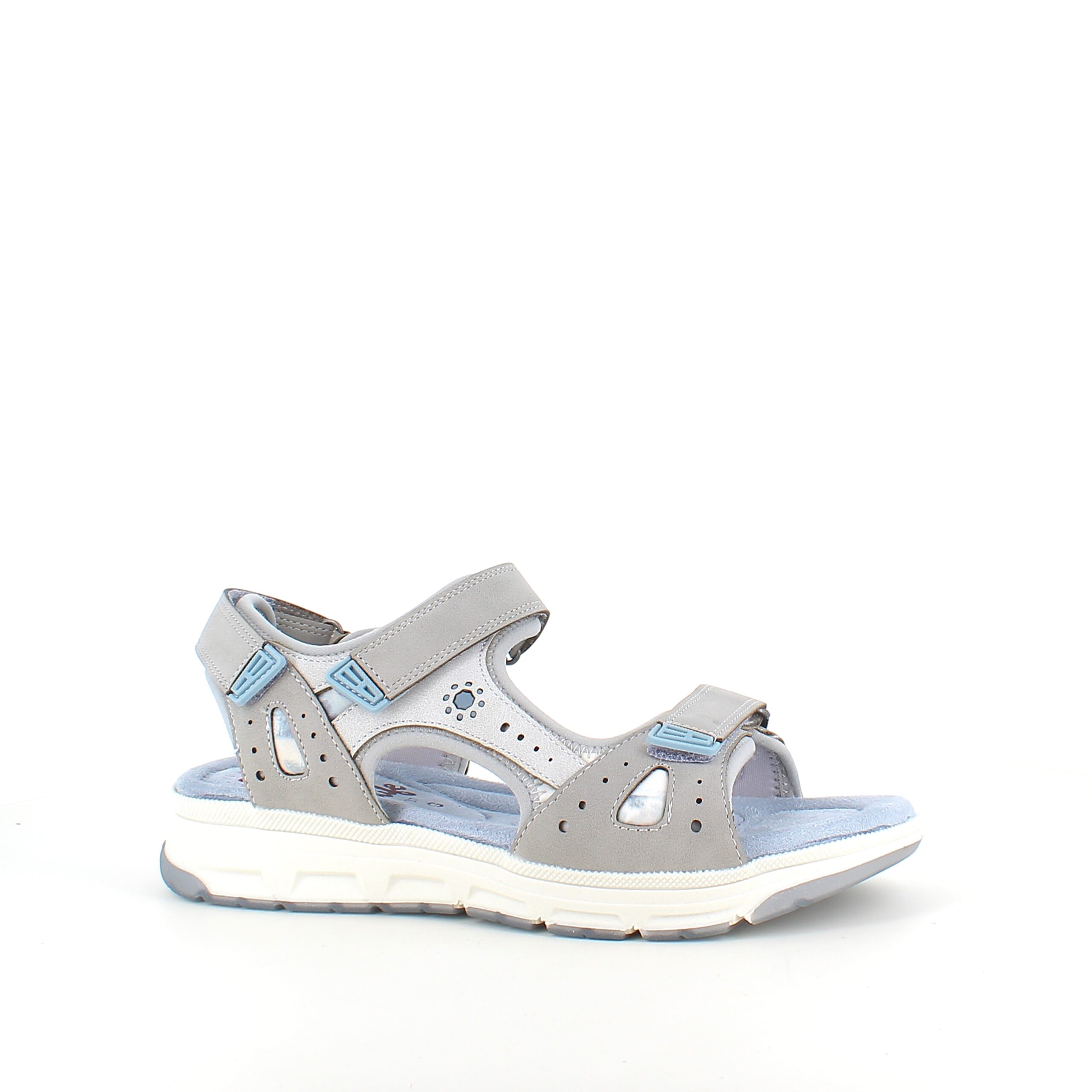 Relife damesandal med velcro og massasjesåle – sølvgrå med blå detaljer