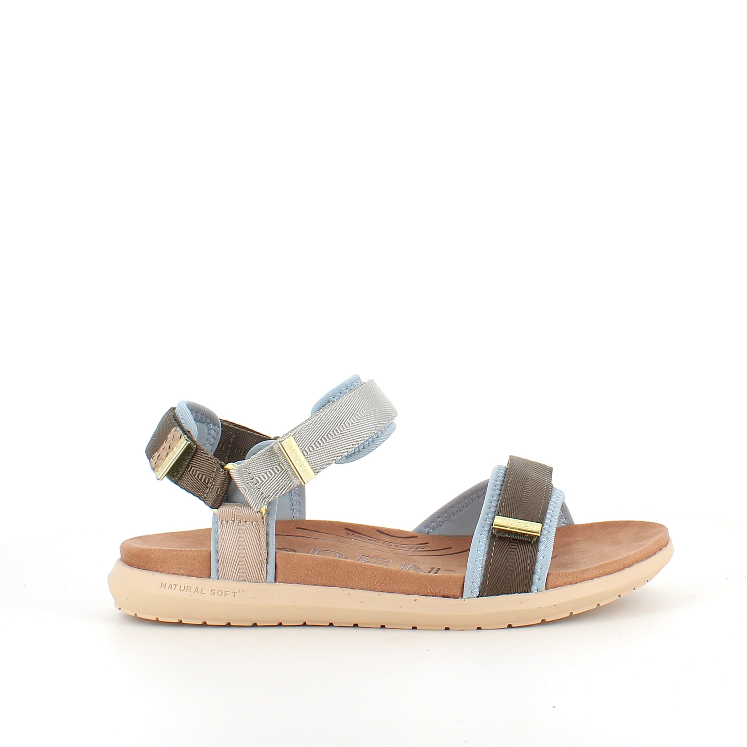 Lyseblå/grønn Woden-sandal med god svangstøtte.