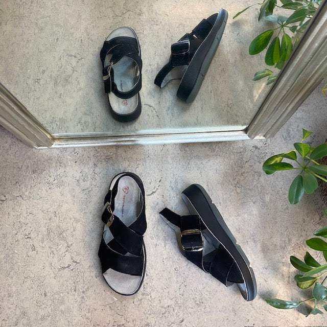 Elegant svart skinnsandal med støtte i fotbuen