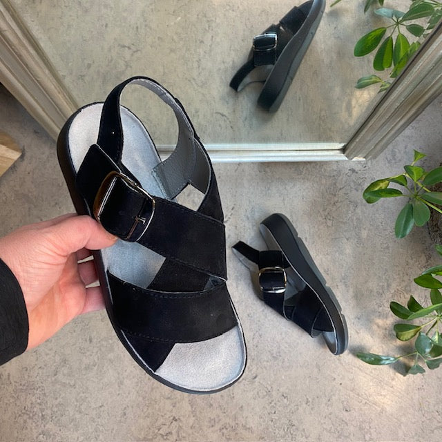 Elegant svart skinnsandal med støtte i fotbuen