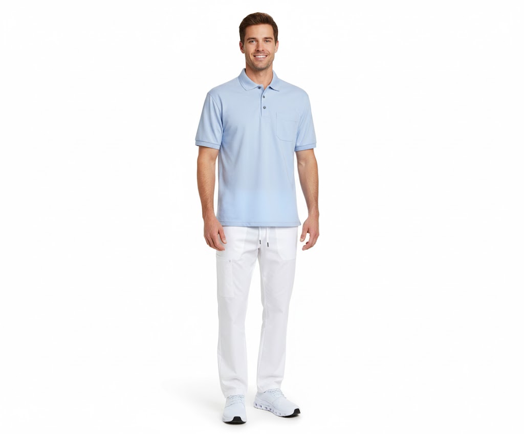 Nybo Lyseblå Herre Basic Poloshirt, kortermet, slitesterk, ribbdetaljer, brystlomme