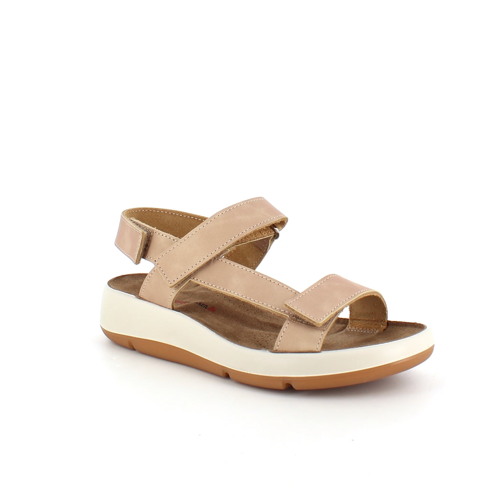 Beige skinnsandal med tre justerbare remmer og svangstøtte