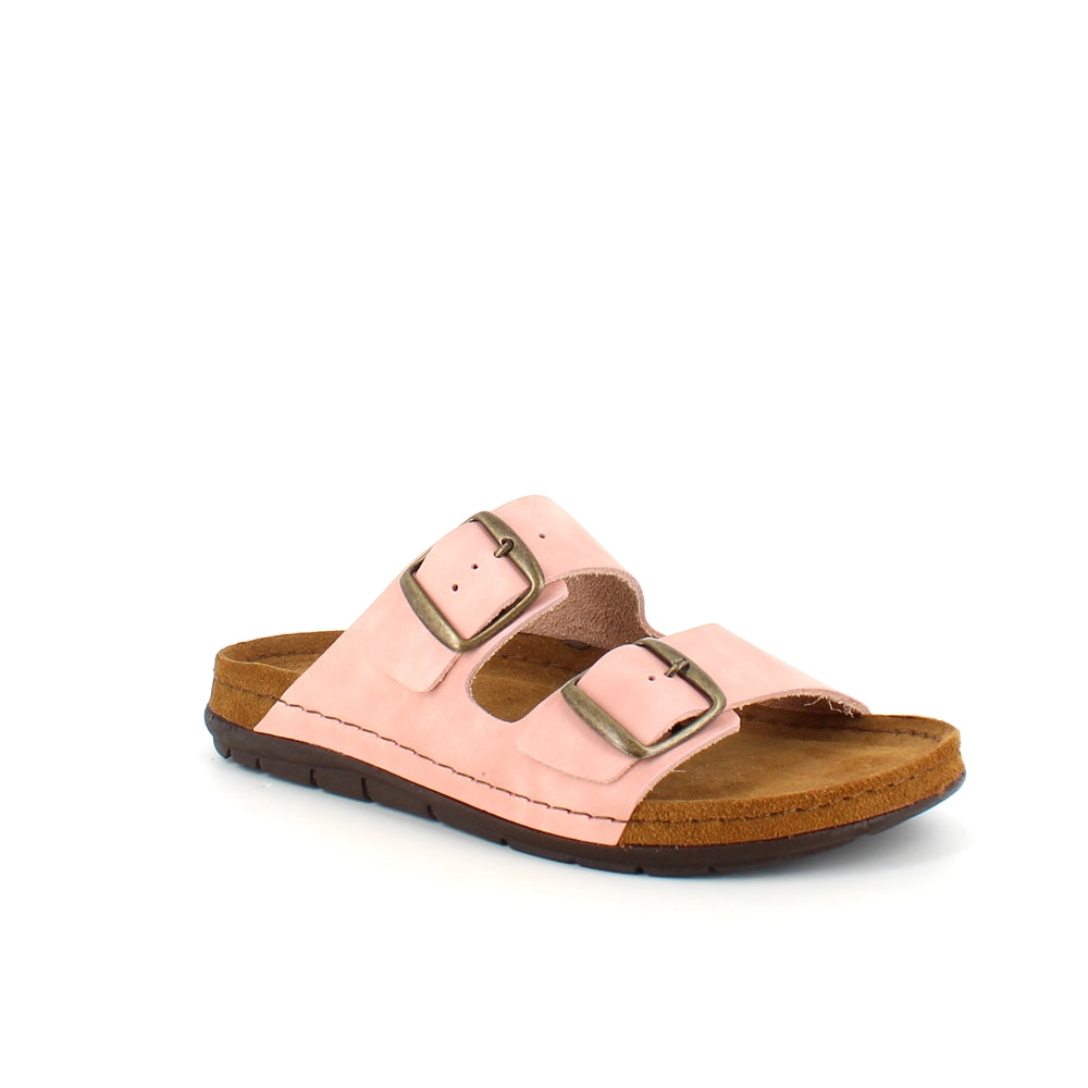 Rosa slip-on sandal i skinn med brede remmer