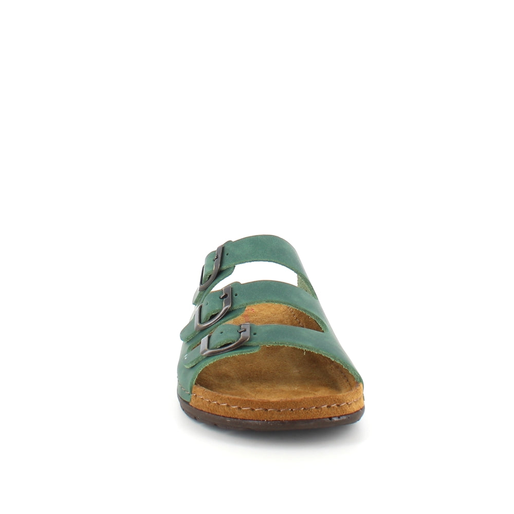 Olivengrønn slip-on sandal i skinn med smale remmer