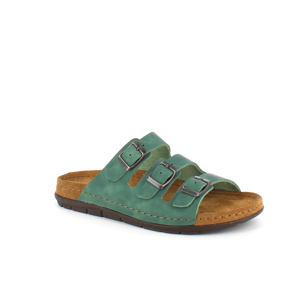 Olivengrønn slip-on sandal i skinn med smale remmer
