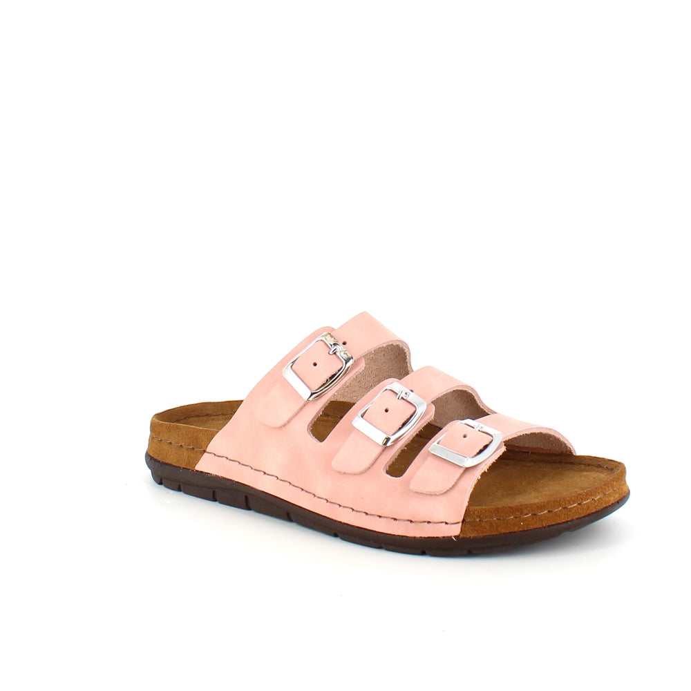 Rosa slip-on sandal i skinn med smale remmer