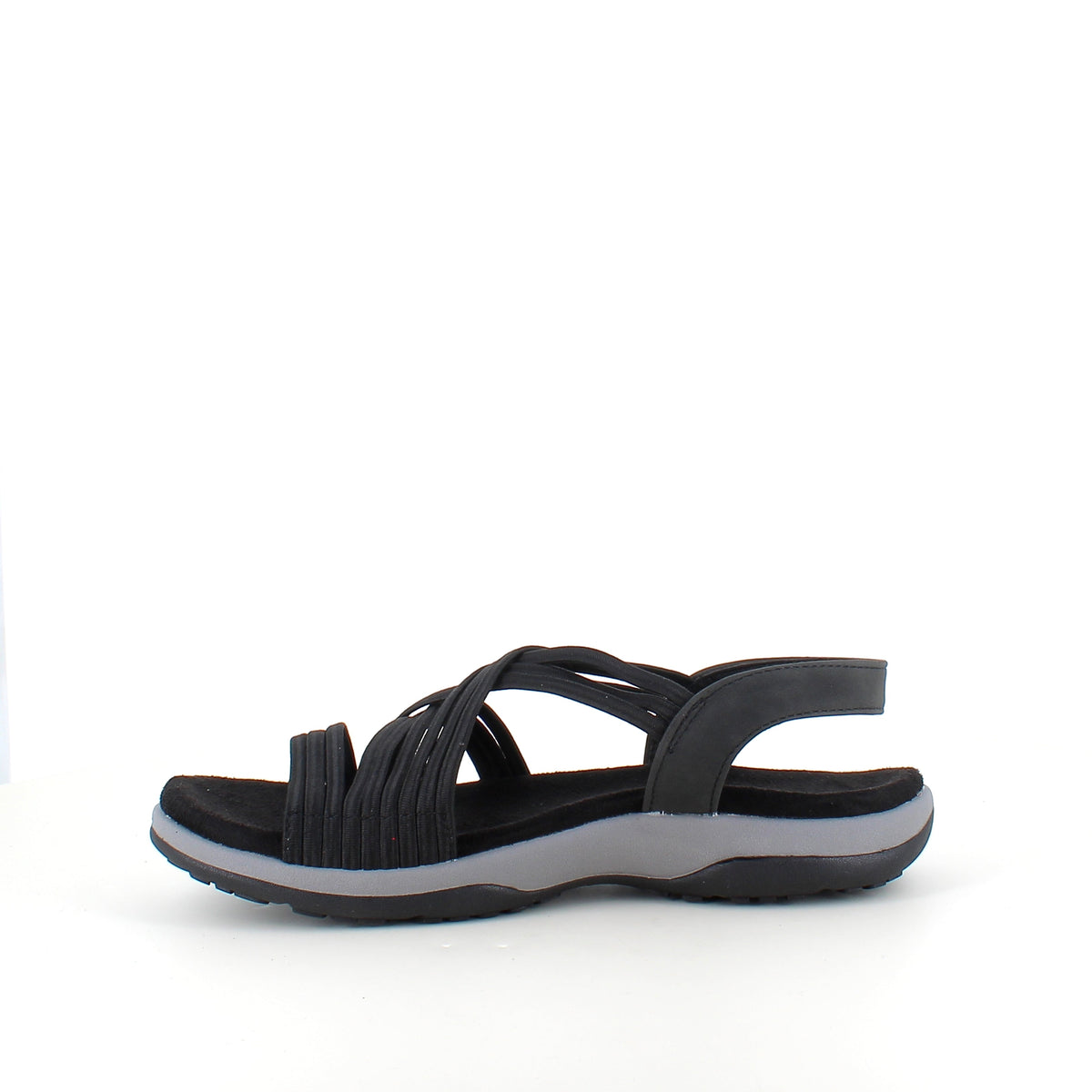 Svart sandal med elastiske remmer – klassisk modell med myk skumsåle