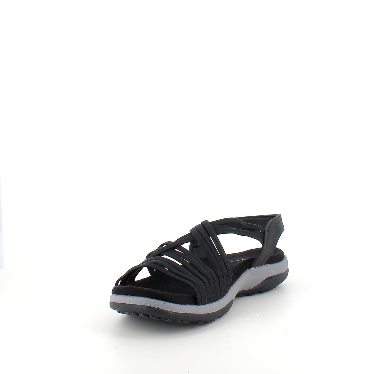Svart sandal med elastiske remmer – klassisk modell med myk skumsåle