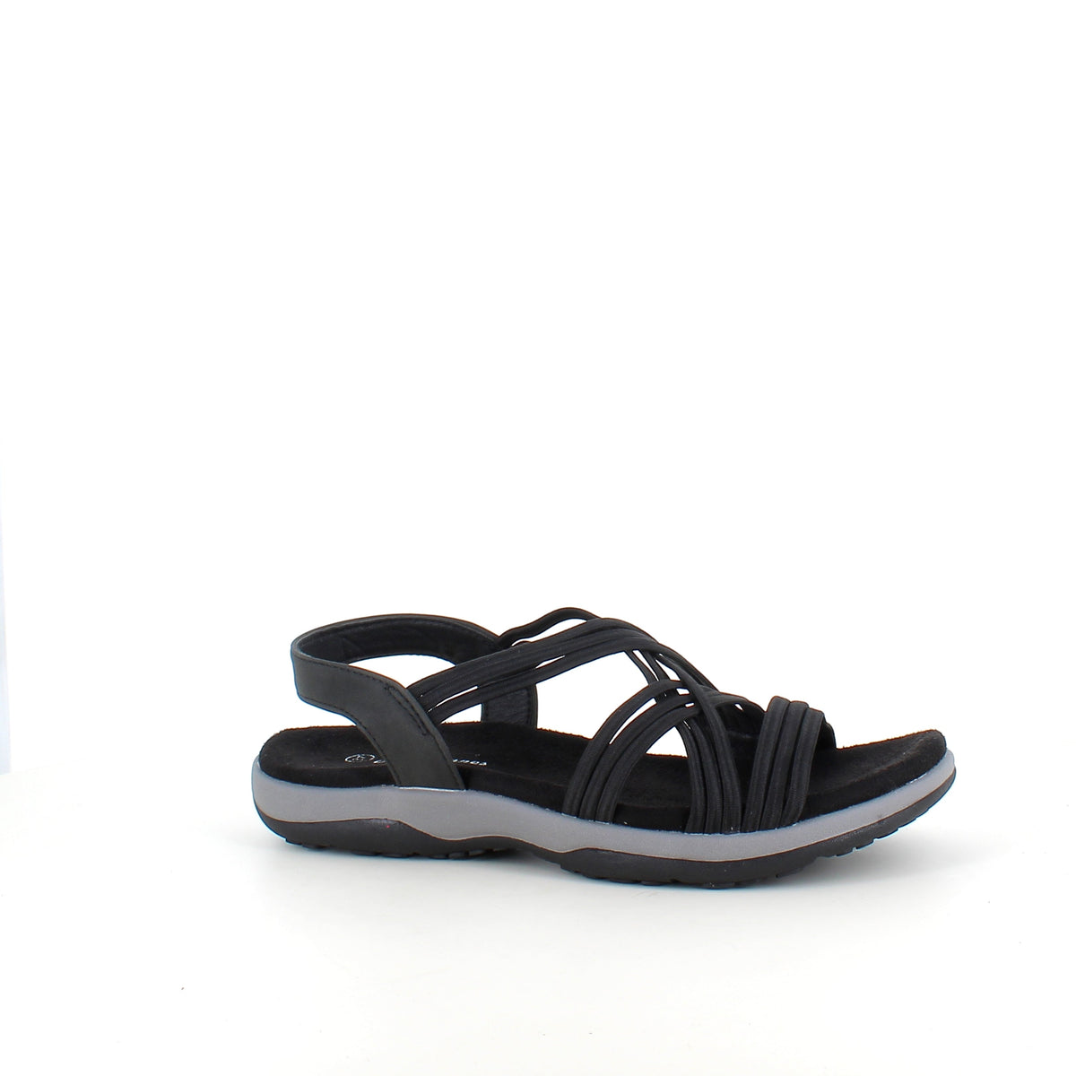 Svart sandal med elastiske remmer – klassisk modell med myk skumsåle
