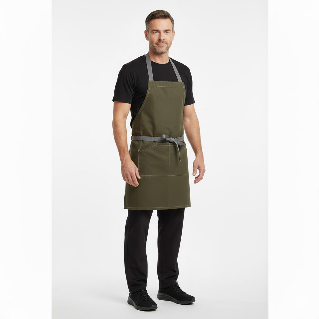 Nybo brun/denimbla unisex New Nordic kuskeforkle, justerbar nakkestropp, store lommer