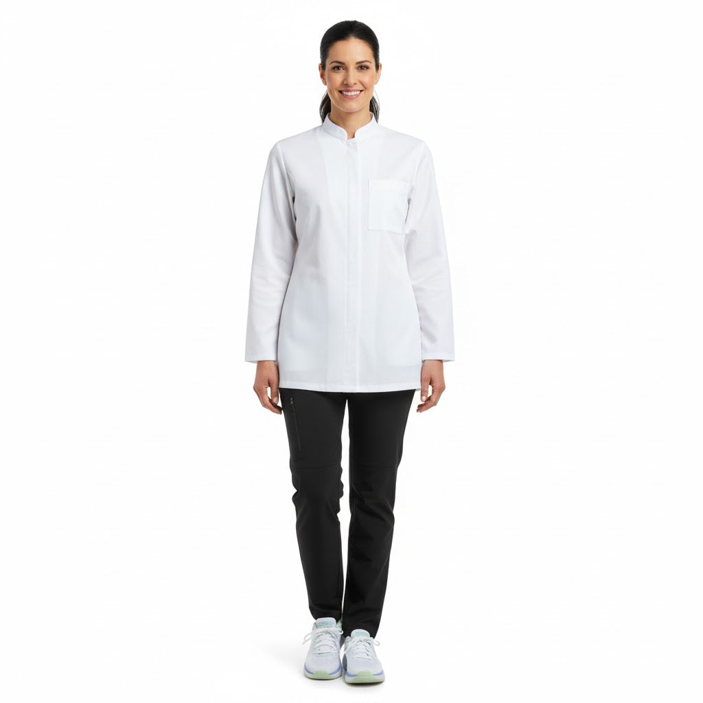 Nybo hvit unisex New Nordic kokkejakke, langermet, strekkbar, hurtigtørkende